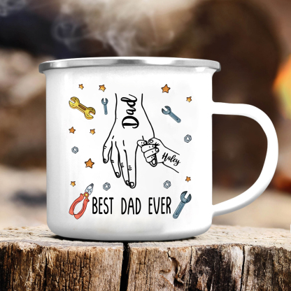 2 Names & 1 Text Personalised Best Dad Ever Enamel Mug – Custom Father