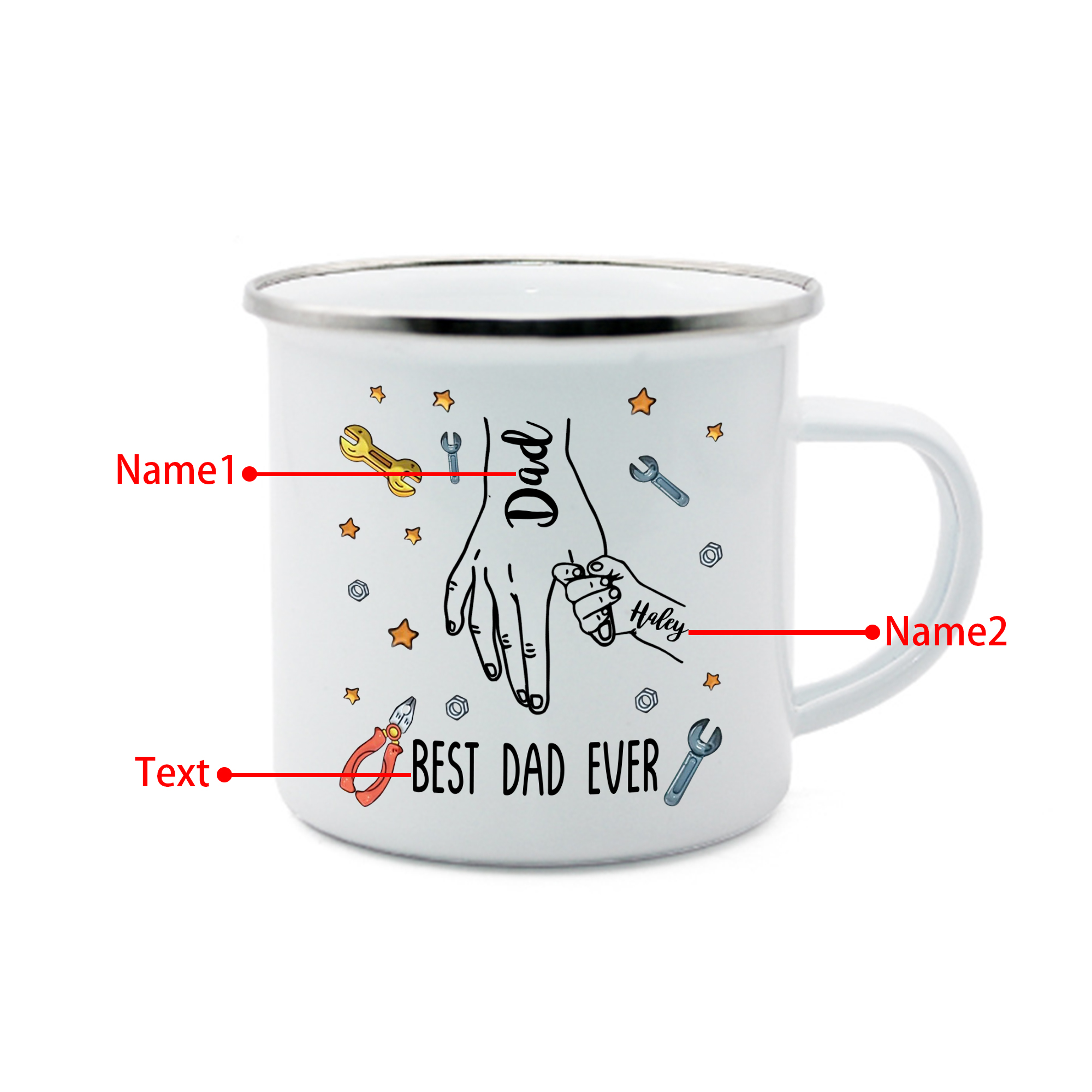 2 Names & 1 Text Personalised Best Dad Ever Enamel Mug – Custom Father's Day Gift | Jessemade