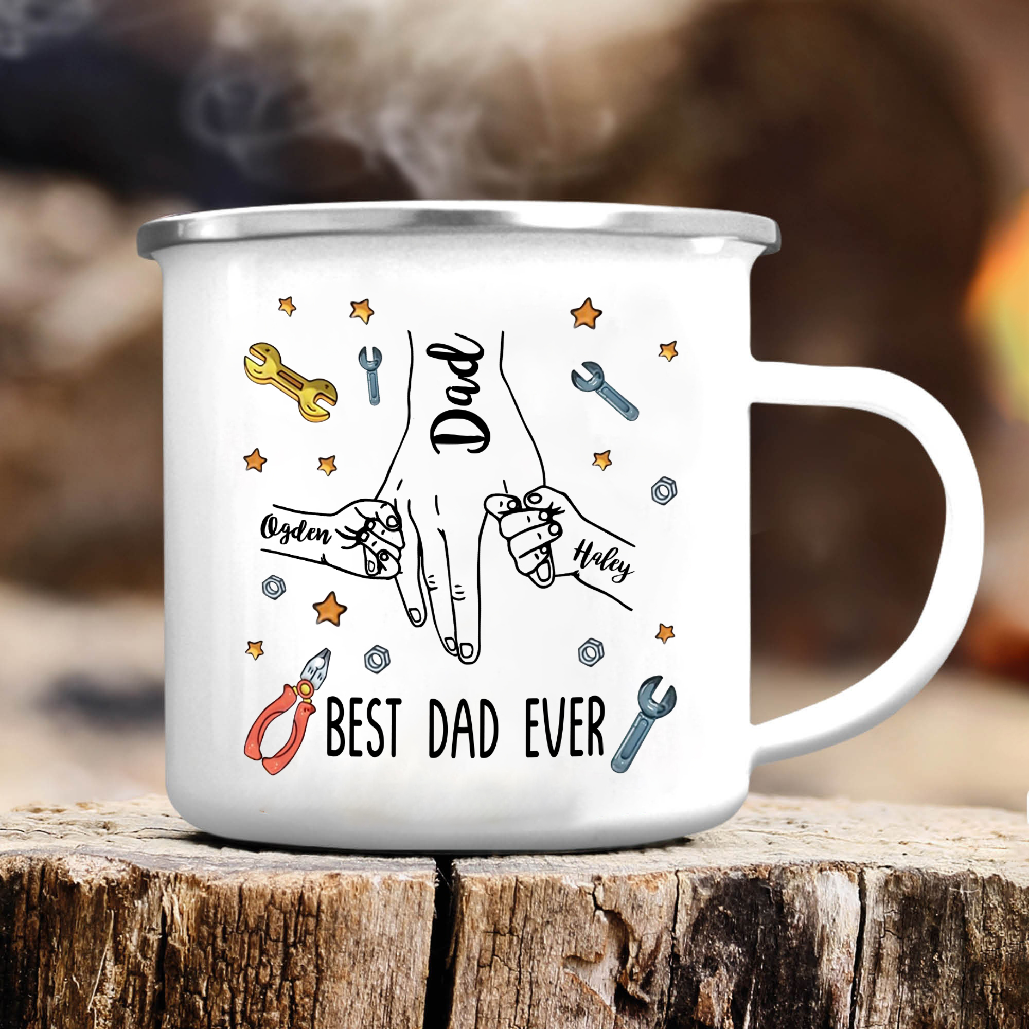 3 Names & 1 Text Personalised Best Dad Ever Enamel Mug – Custom Father
