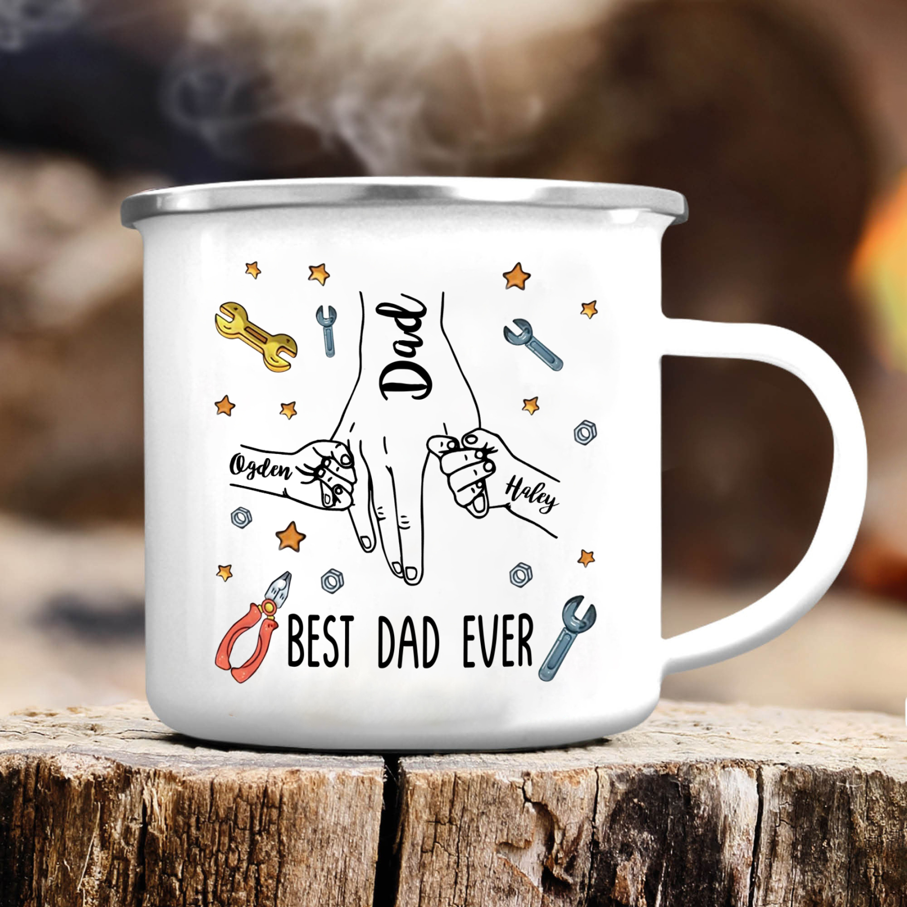 3 Names & 1 Text Personalised Best Dad Ever Enamel Mug – Custom Father