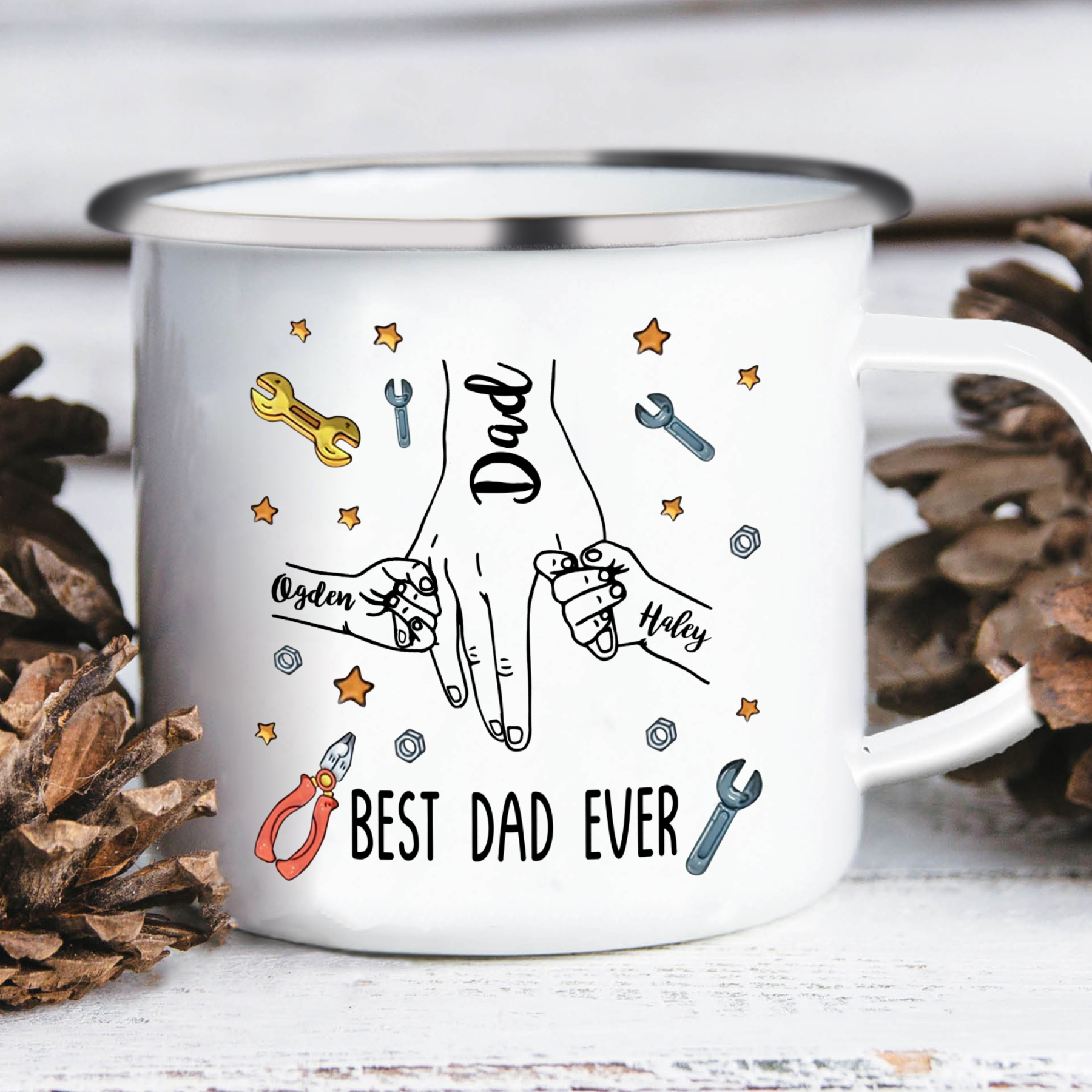 3 Names & 1 Text Personalised Best Dad Ever Enamel Mug – Custom Father's Day Gift | Jessemade
