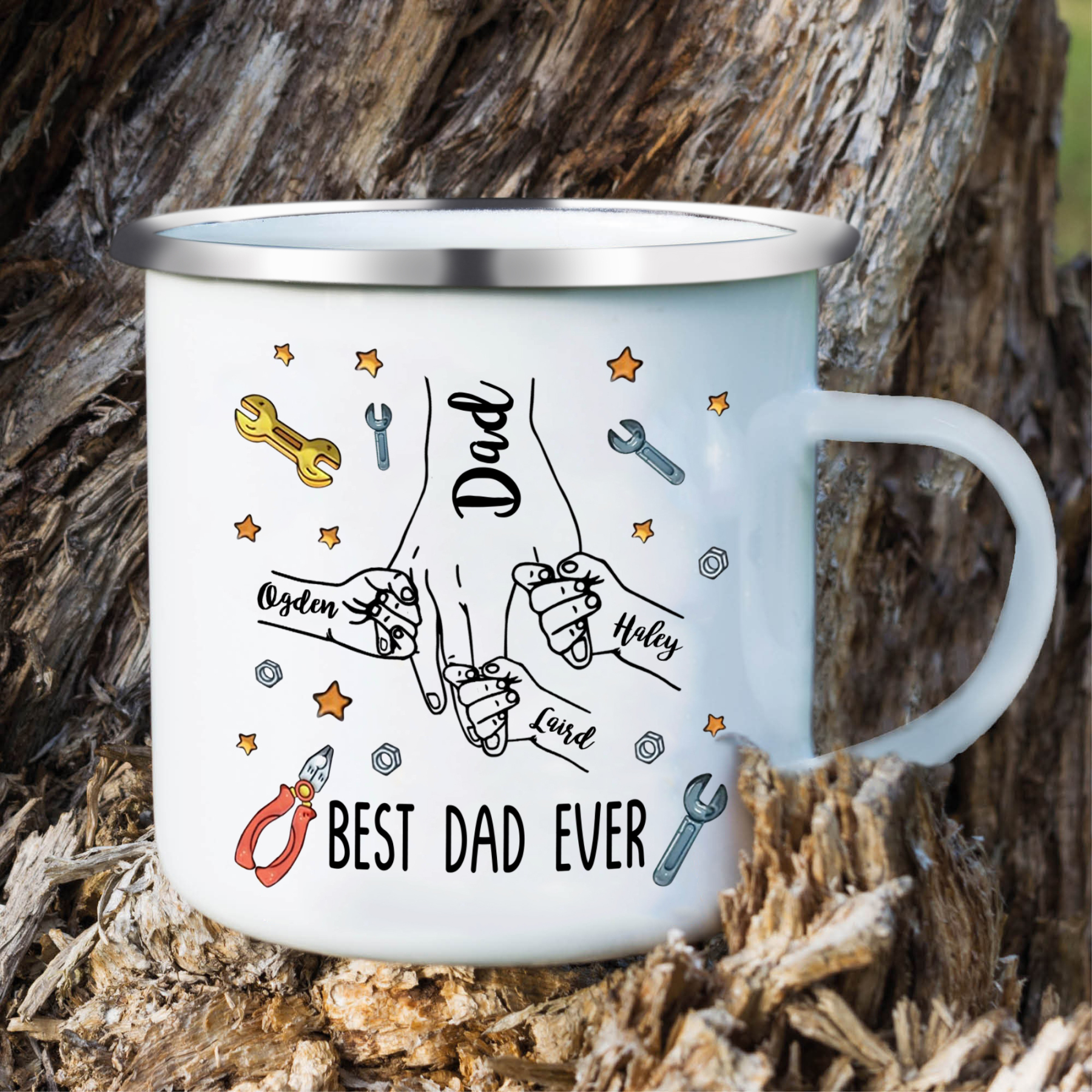 4 Names & 1 Text Personalised Best Dad Ever Enamel Mug – Custom Father's Day Gift | Jessemade