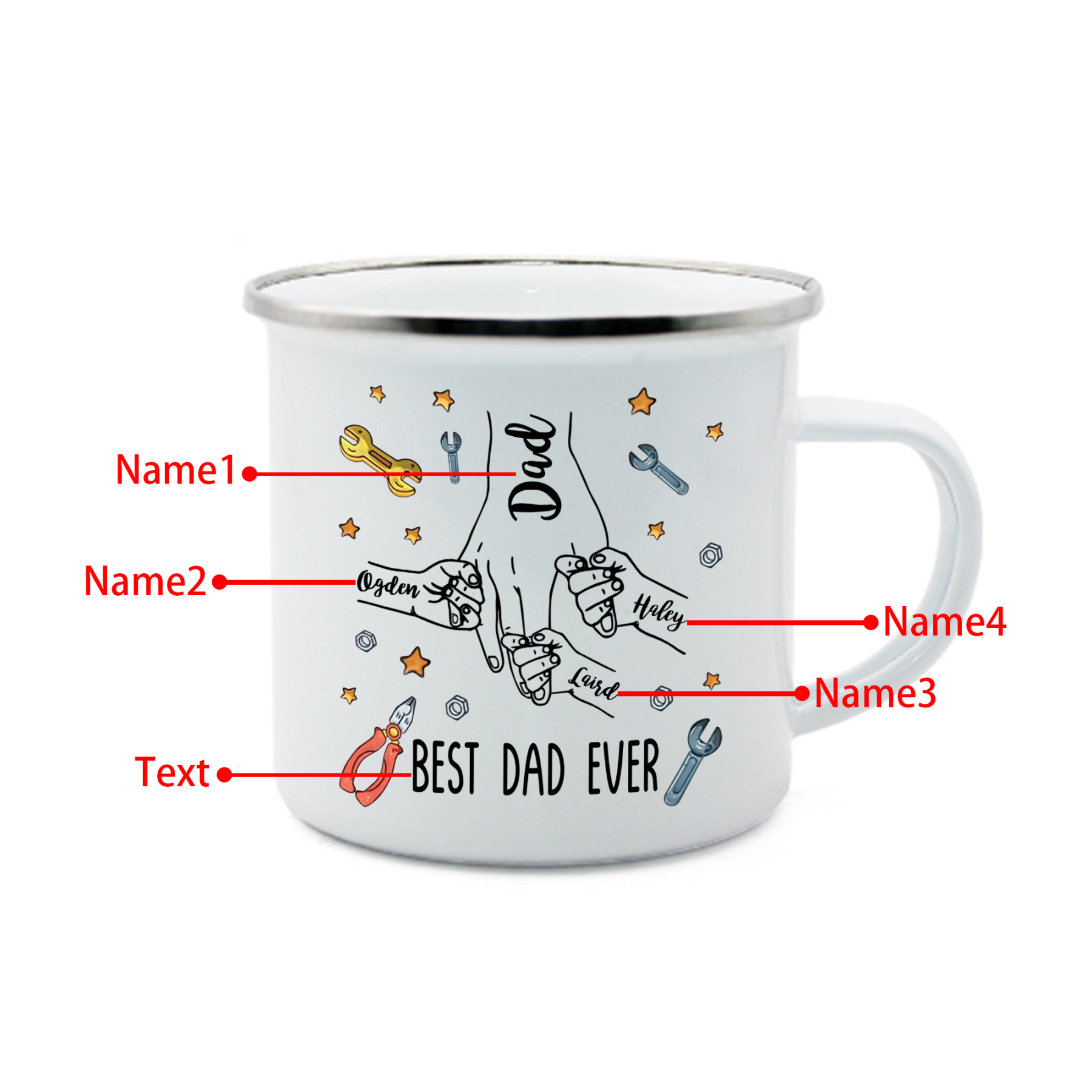 4 Names & 1 Text Personalised Best Dad Ever Enamel Mug – Custom Father's Day Gift | Jessemade