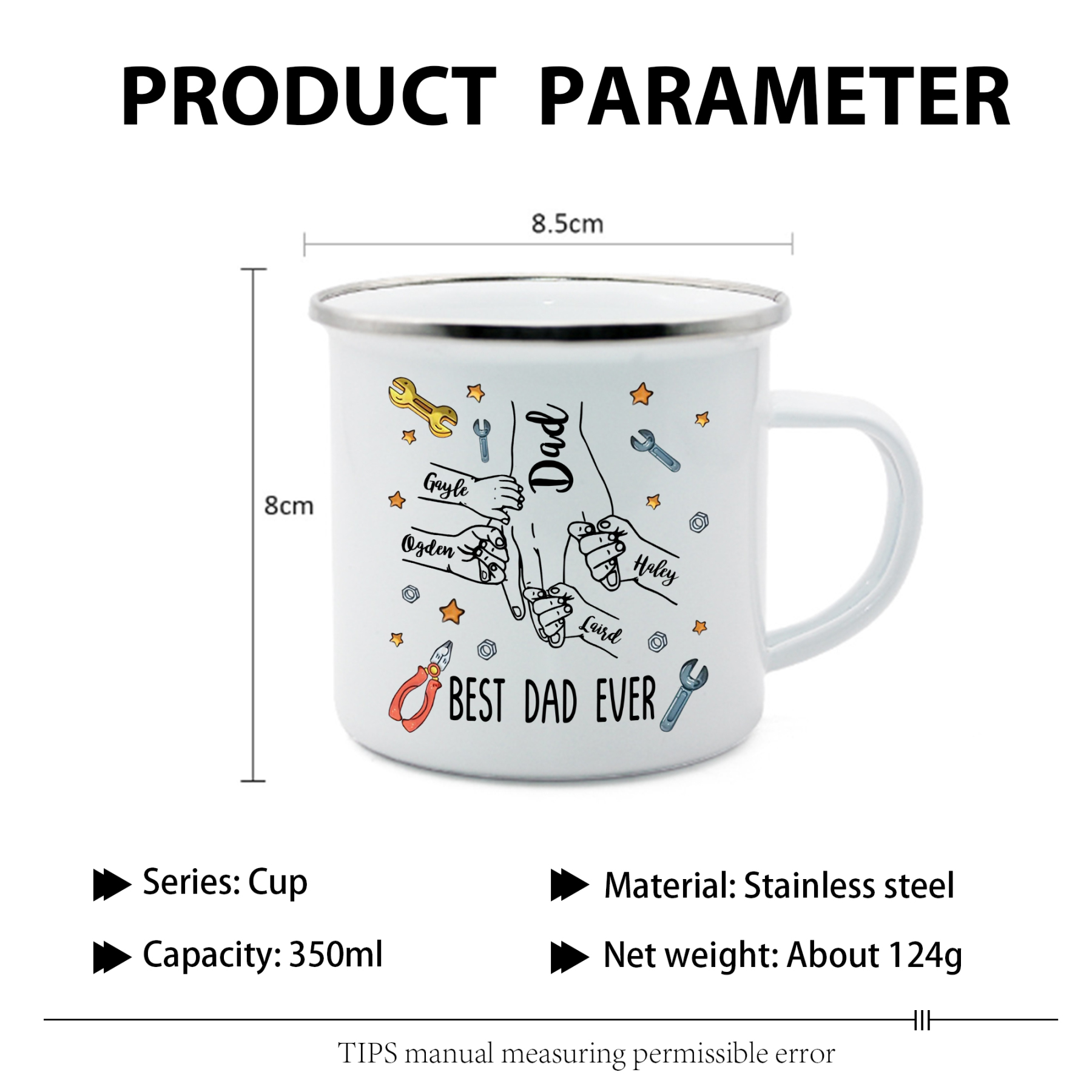 5 Names & 1 Text Personalised Best Dad Ever Enamel Mug – Custom Father's Day Gift | Jessemade