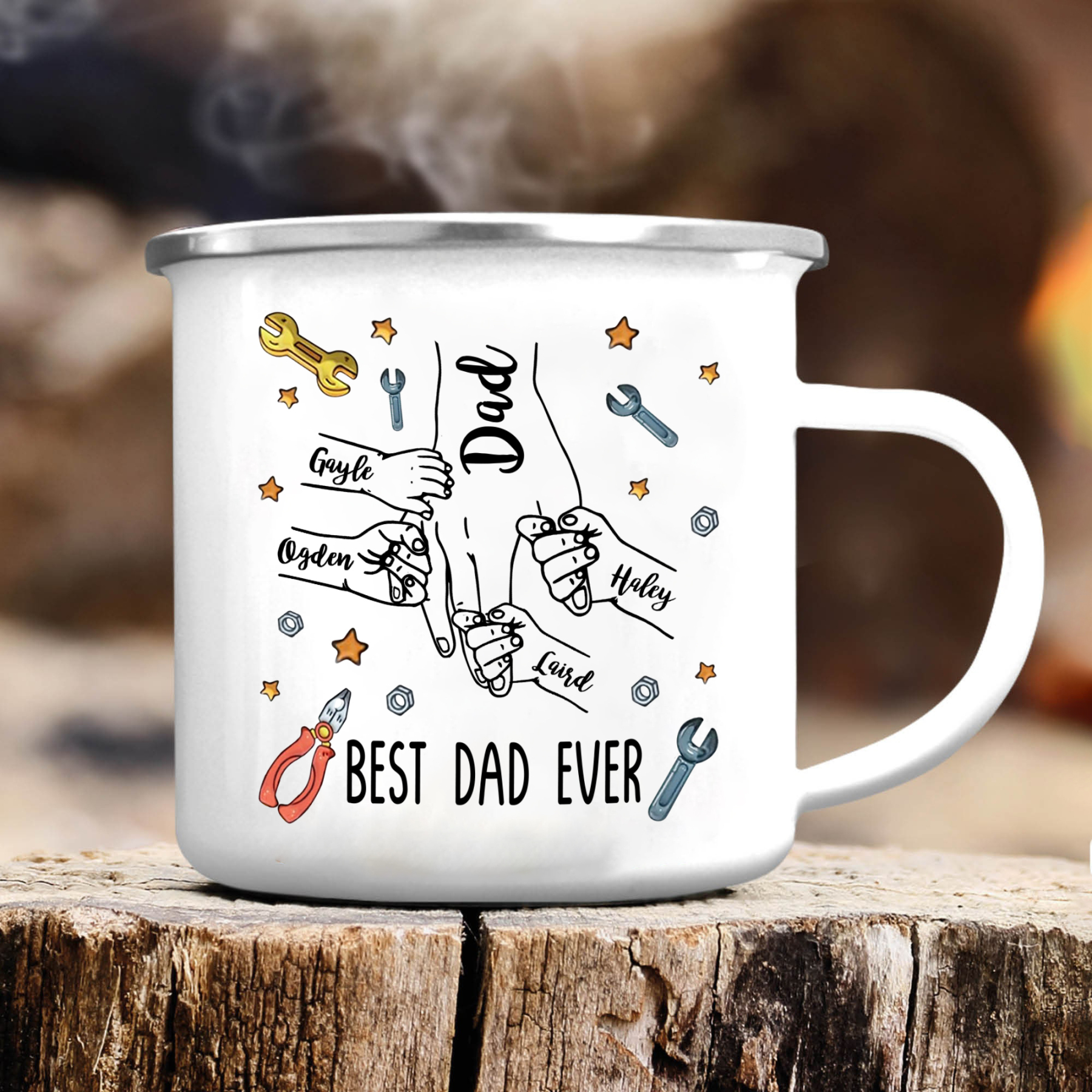 5 Names & 1 Text Personalised Best Dad Ever Enamel Mug – Custom Father