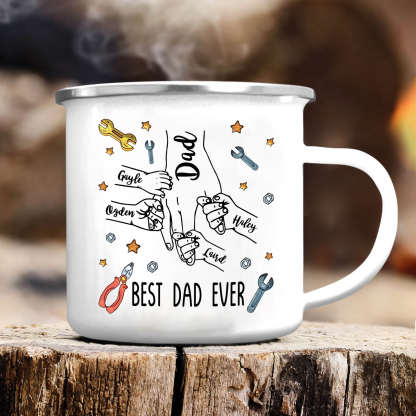 5 Names & 1 Text Personalised Best Dad Ever Enamel Mug – Custom Father