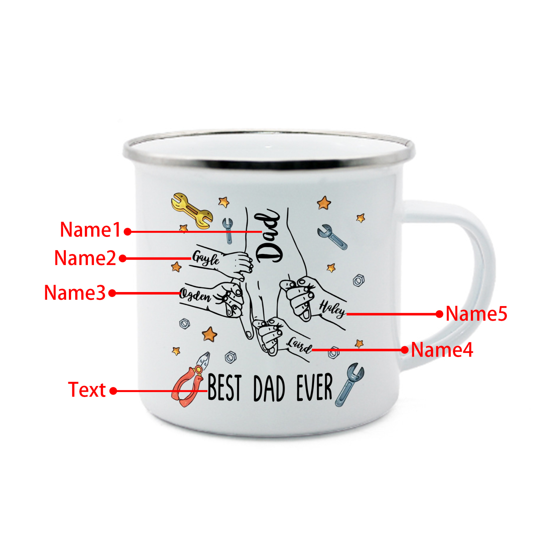 5 Names & 1 Text Personalised Best Dad Ever Enamel Mug – Custom Father's Day Gift | Jessemade