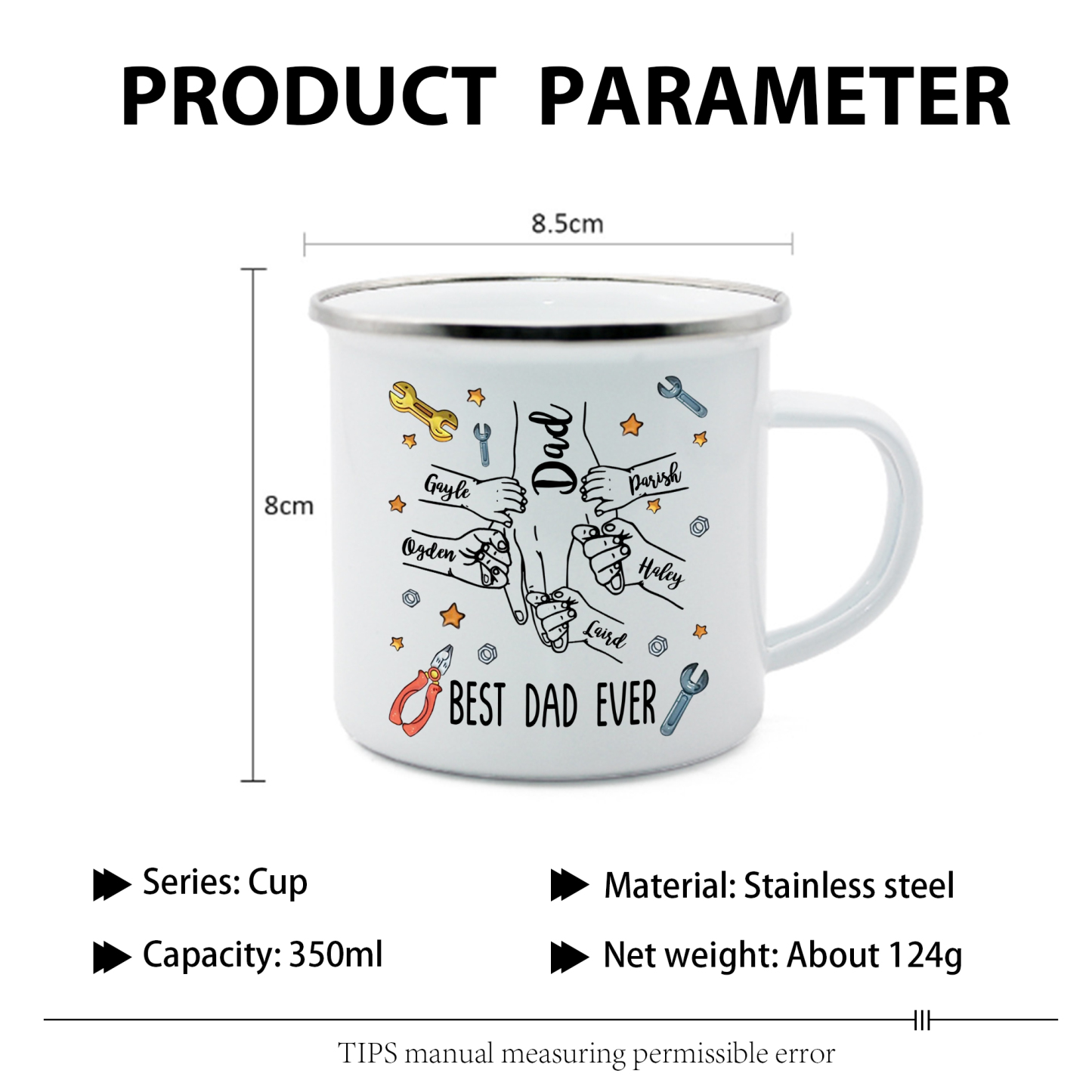 6 Names & 1 Text Personalised Best Dad Ever Enamel Mug – Custom Father's Day Gift | Jessemade