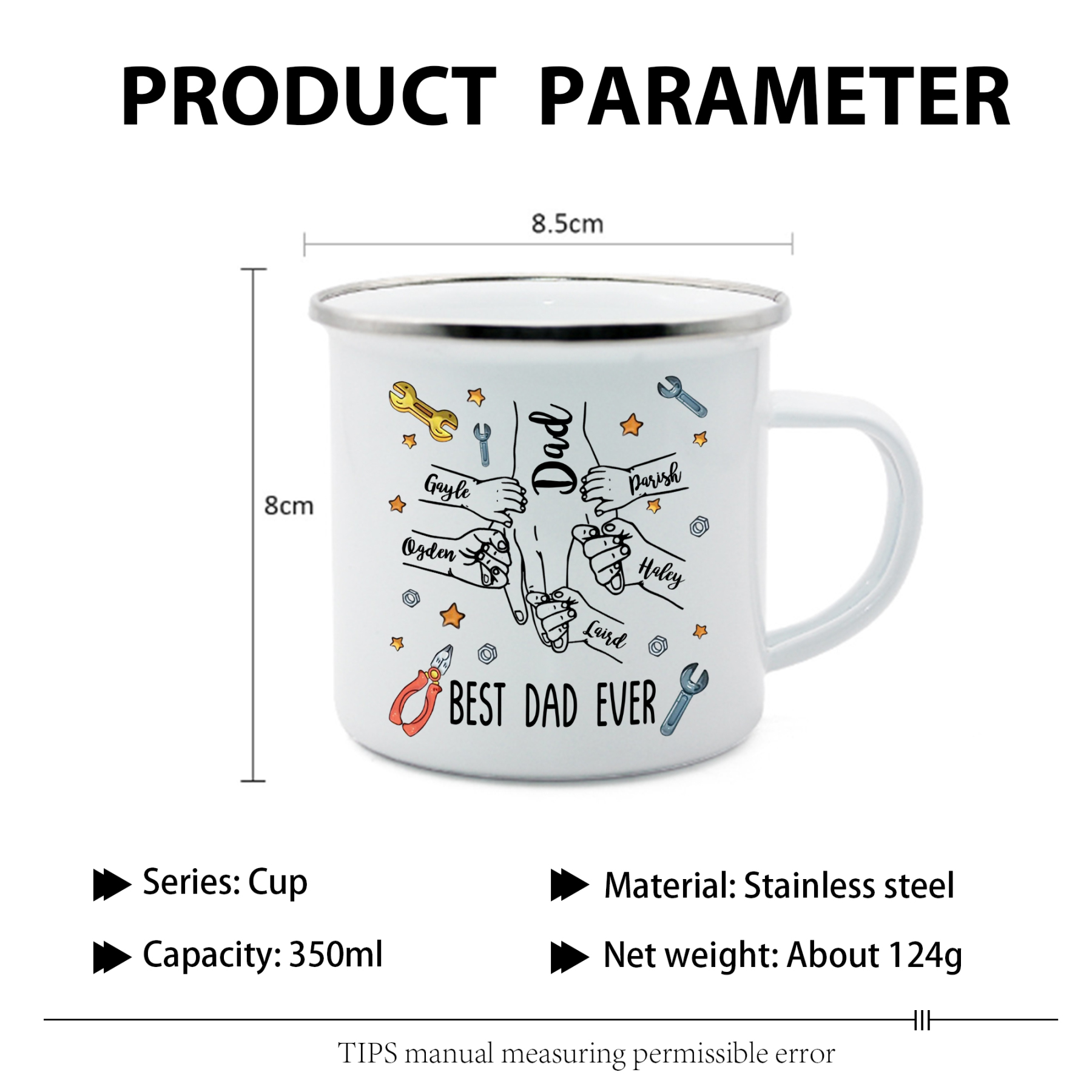 6 Names & 1 Text Personalised Best Dad Ever Enamel Mug – Custom Father's Day Gift | Jessemade