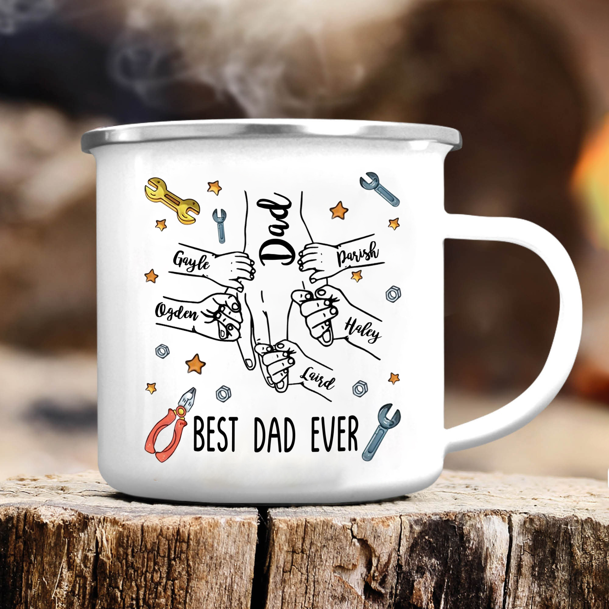 6 Names & 1 Text Personalised Best Dad Ever Enamel Mug – Custom Father