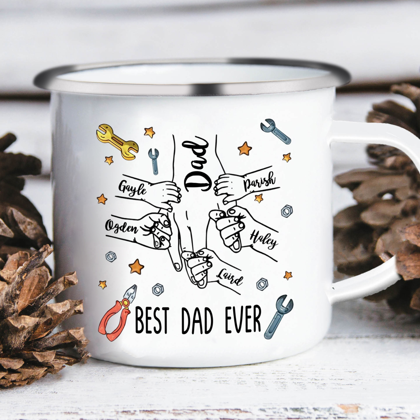6 Names & 1 Text Personalised Best Dad Ever Enamel Mug – Custom Father's Day Gift | Jessemade