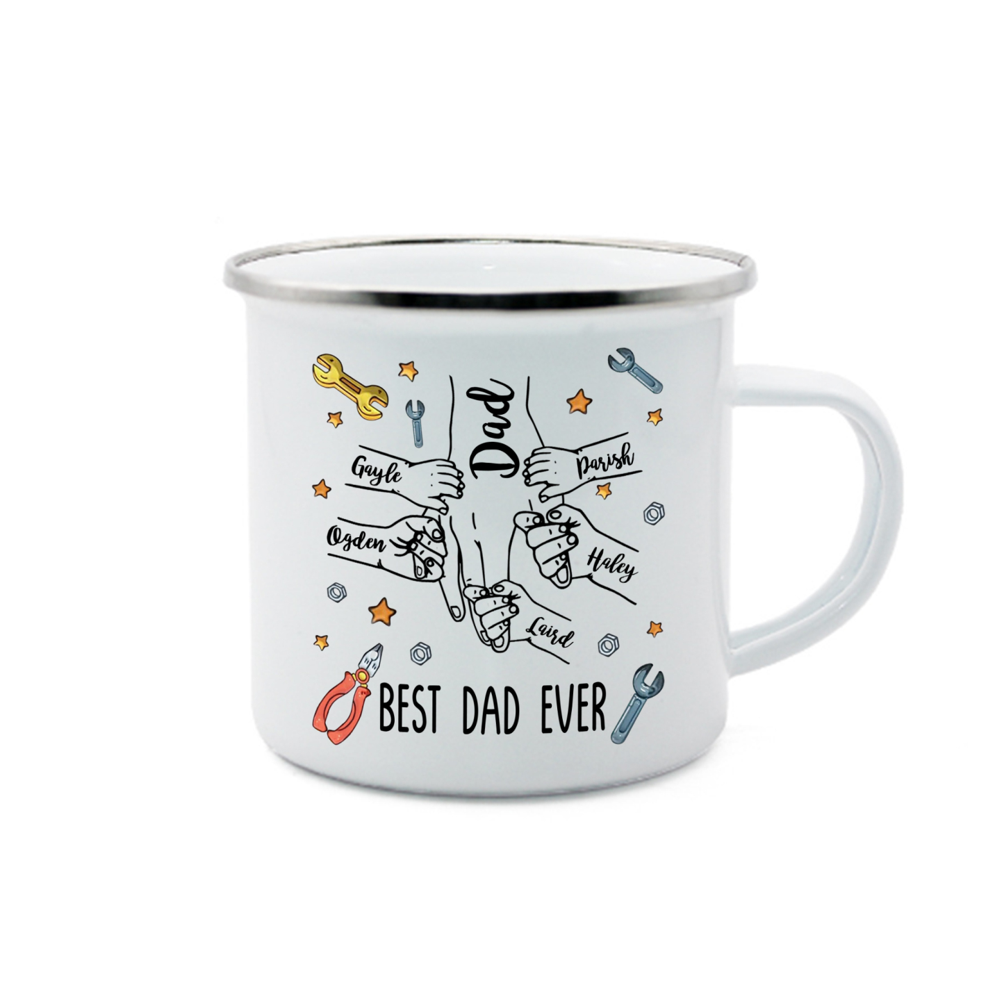 6 Names & 1 Text Personalised Best Dad Ever Enamel Mug – Custom Father's Day Gift | Jessemade