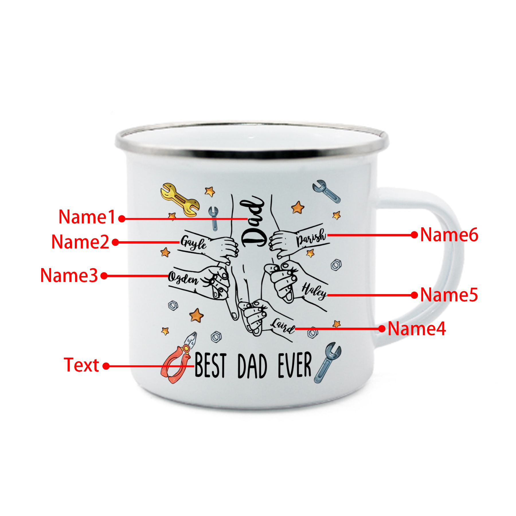 6 Names & 1 Text Personalised Best Dad Ever Enamel Mug – Custom Father's Day Gift | Jessemade