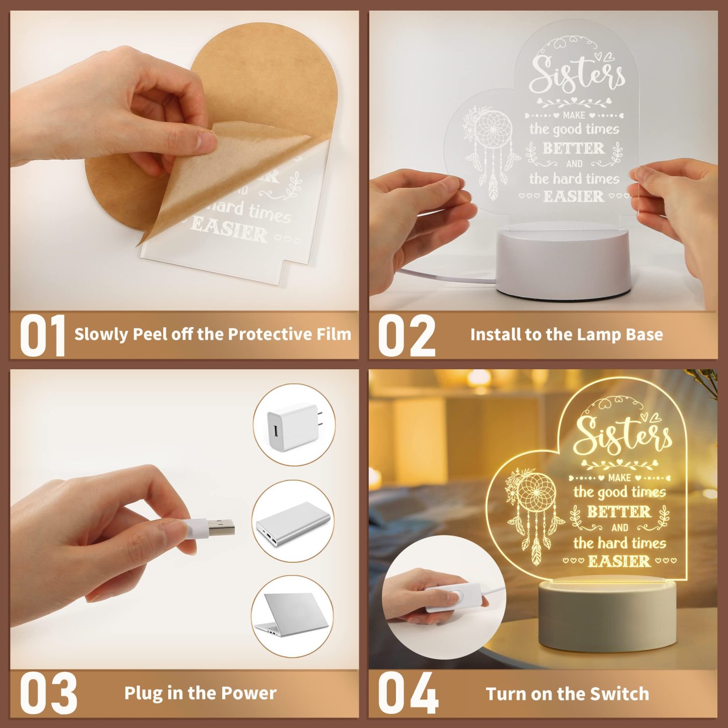 To My Sister - Sisters make the good times better Heart Night Light LED Lamp Bedroom Decoration For Sister
