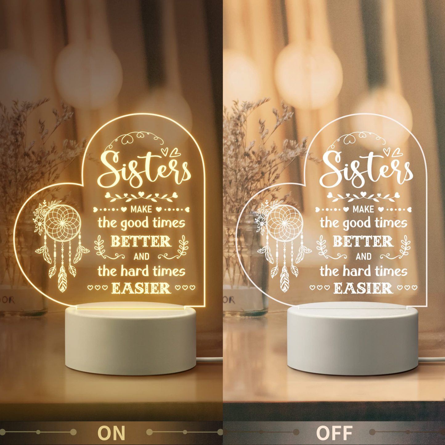 To My Sister - Sisters make the good times better Heart Night Light LED Lamp Bedroom Decoration For Sister