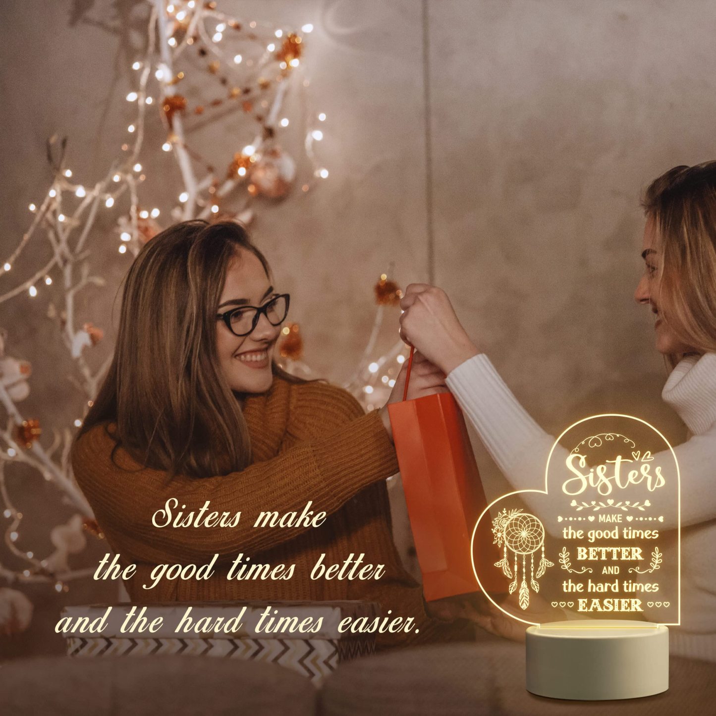To My Sister - Sisters make the good times better Heart Night Light LED Lamp Bedroom Decoration For Sister