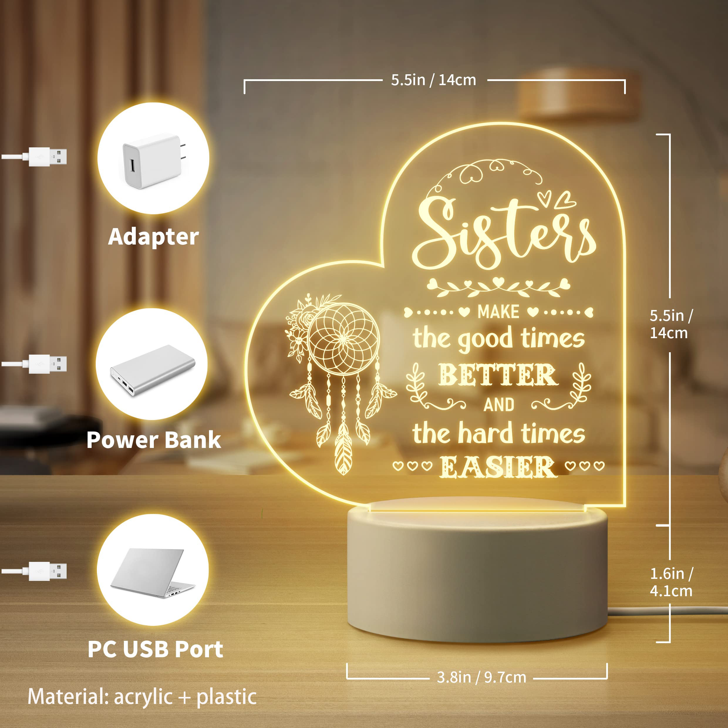 To My Sister - Sisters make the good times better Heart Night Light LED Lamp Bedroom Decoration For Sister