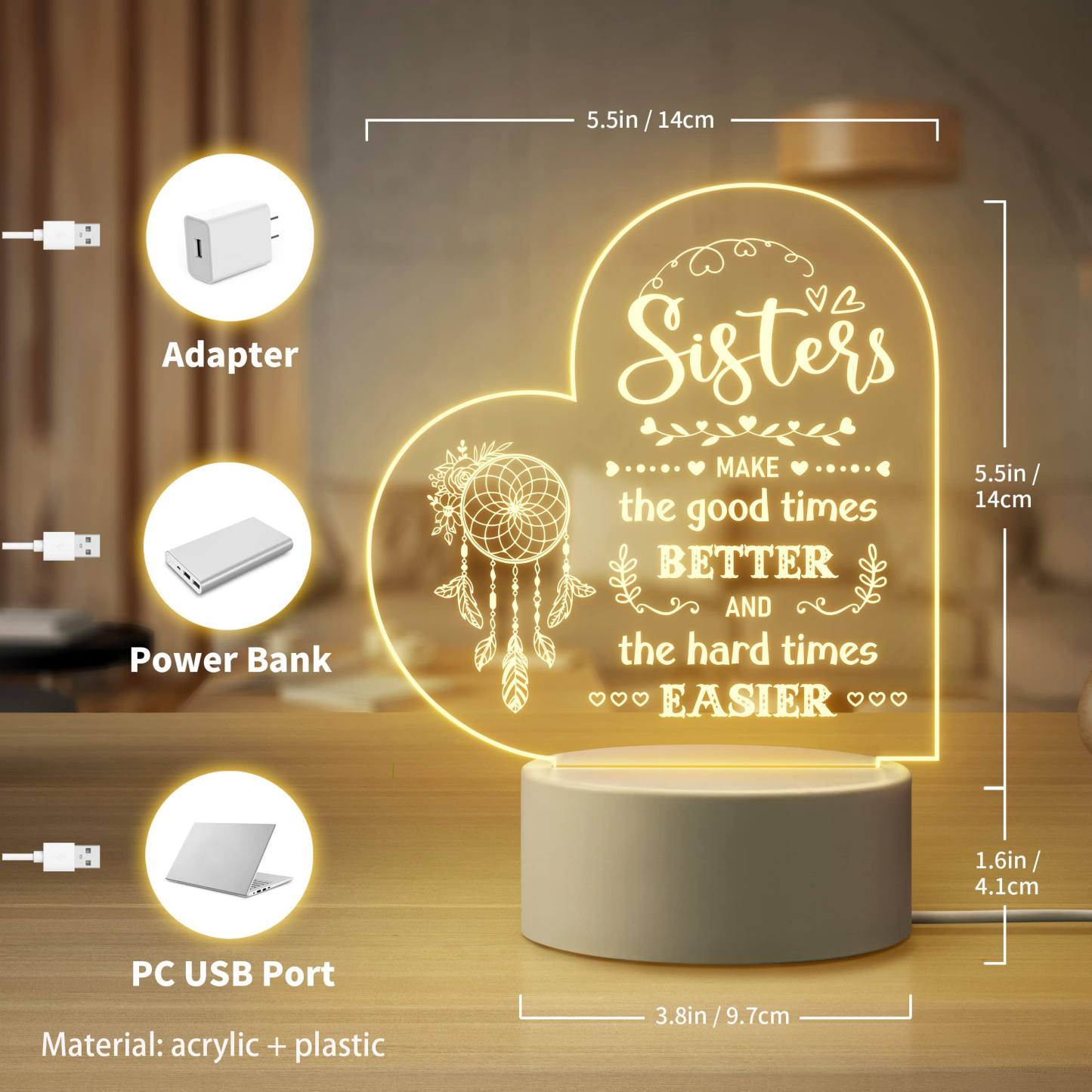 To My Sister - Sisters make the good times better Heart Night Light LED Lamp Bedroom Decoration For Sister