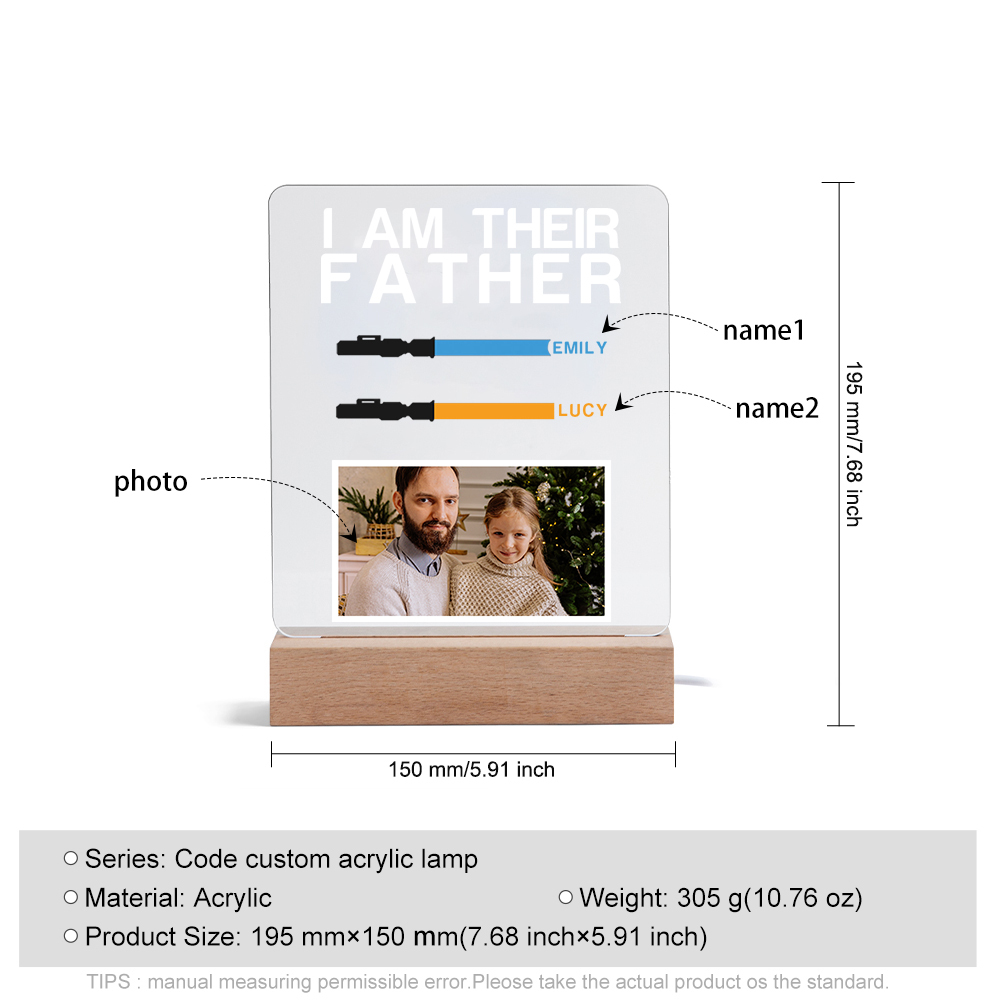 2 Names & 1 Photo Personalised Star Wars Photo LED Acrylic Lamp - Gift for Dad | Jessemade