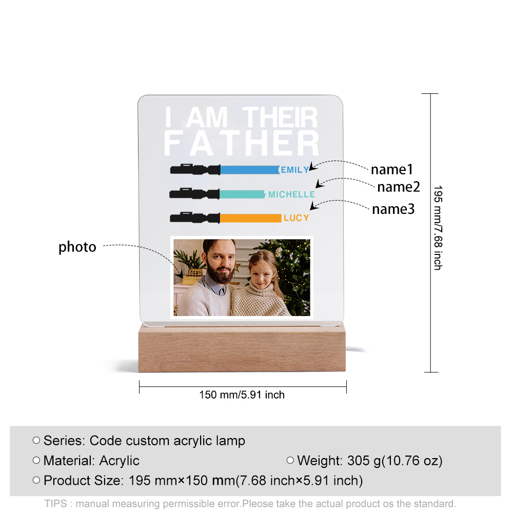 3 Names & 1 Photo Personalised Star Wars Photo LED Acrylic Lamp - Gift for Dad | Jessemade