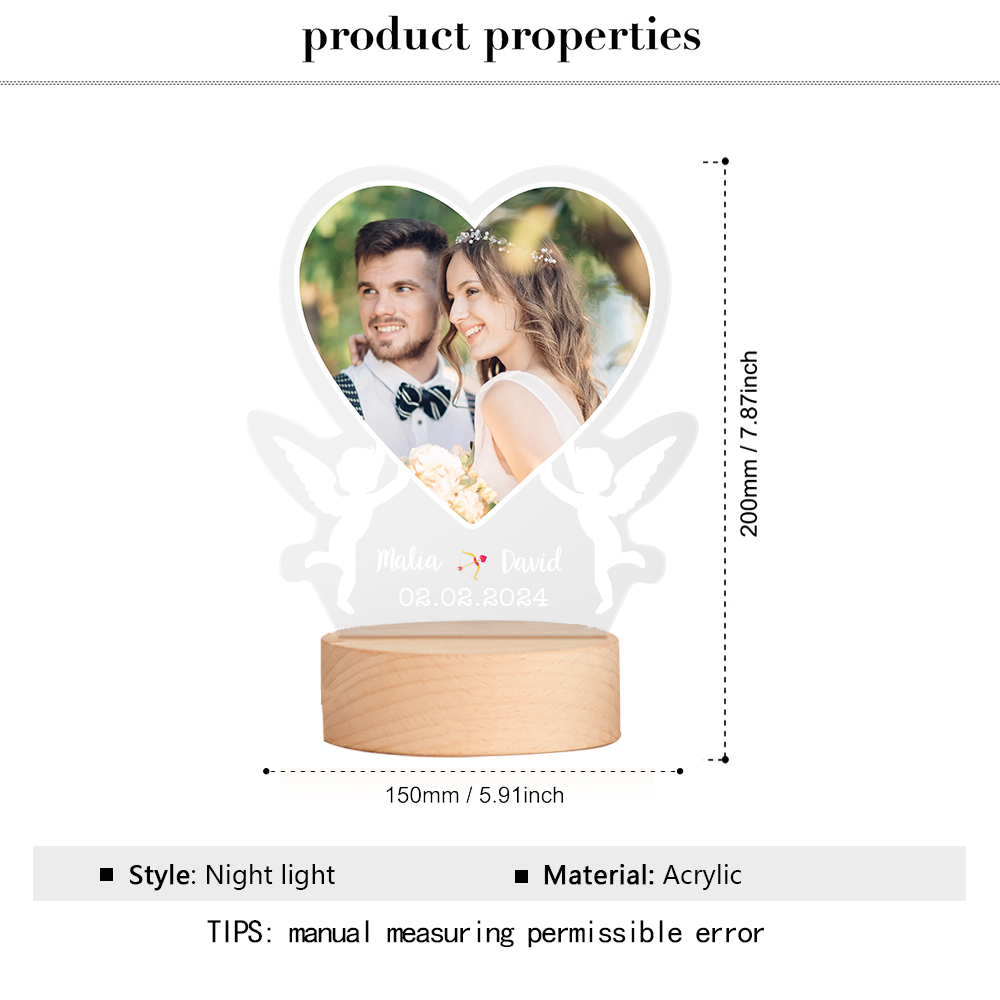 Personalized Couple Acrylic Night Light Customized Photo & Text & Date LED Light Romantic Gift for Him/Her