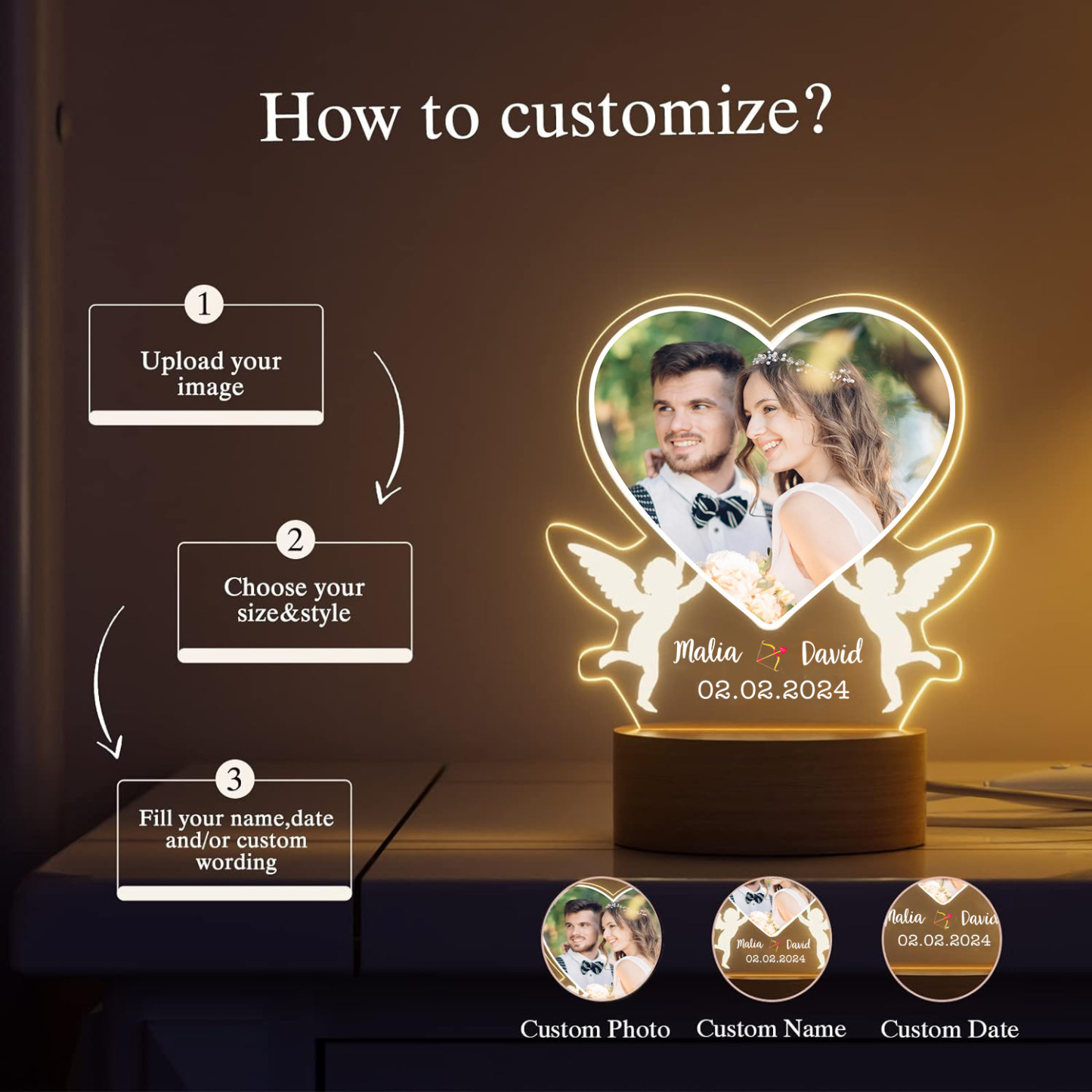 Personalized Couple Acrylic Night Light Customized Photo & Text & Date LED Light Romantic Gift for Him/Her