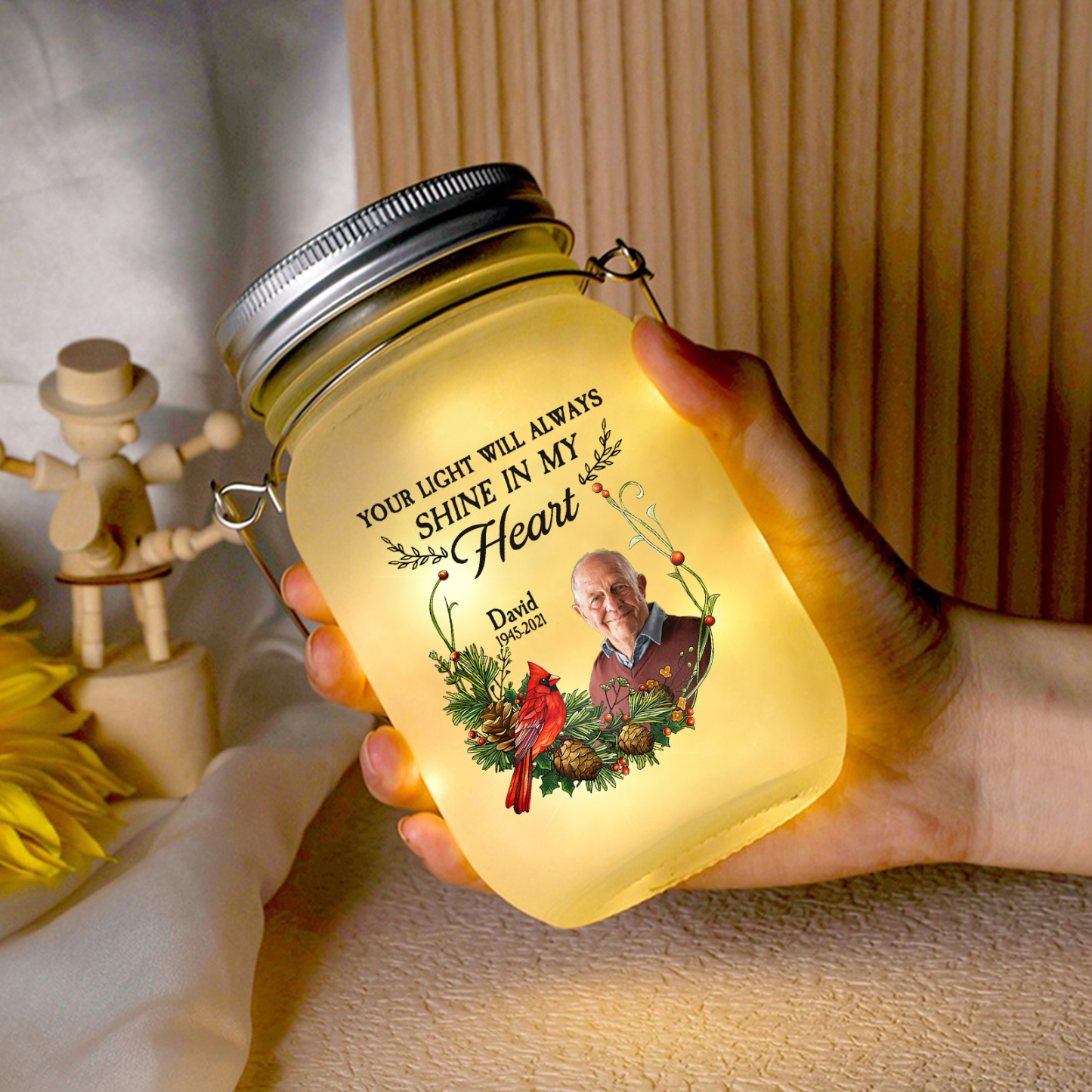 Personalized Memorial Mason Jar Light – Custom Photo & Name & Date Gifts For Family | Jessmade