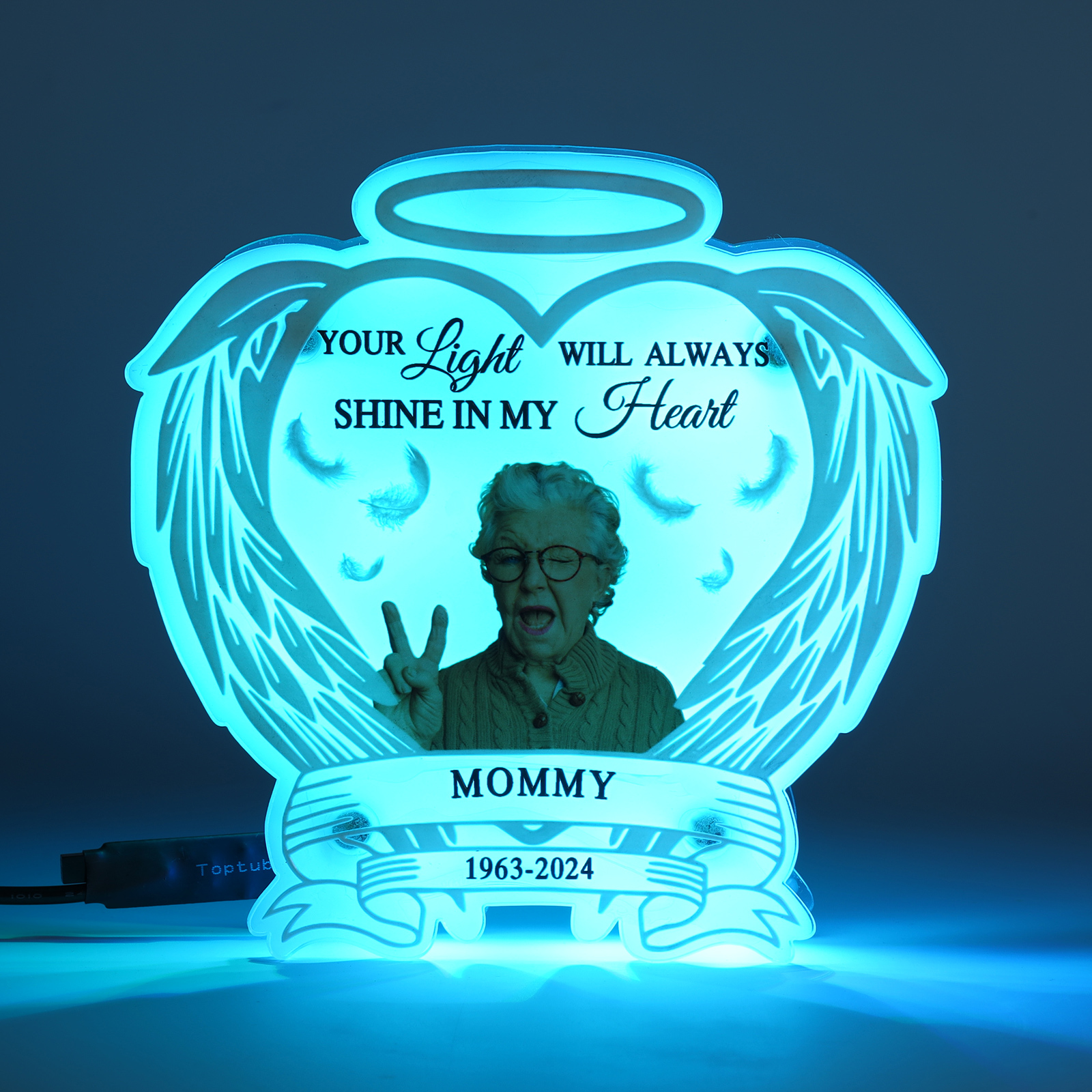 Personalized Memorial Acrylic Night Light with Angel Wings - Custom 1 Photo & Name & Date LED Lamp Christmas Memorial Gift | Jessemade