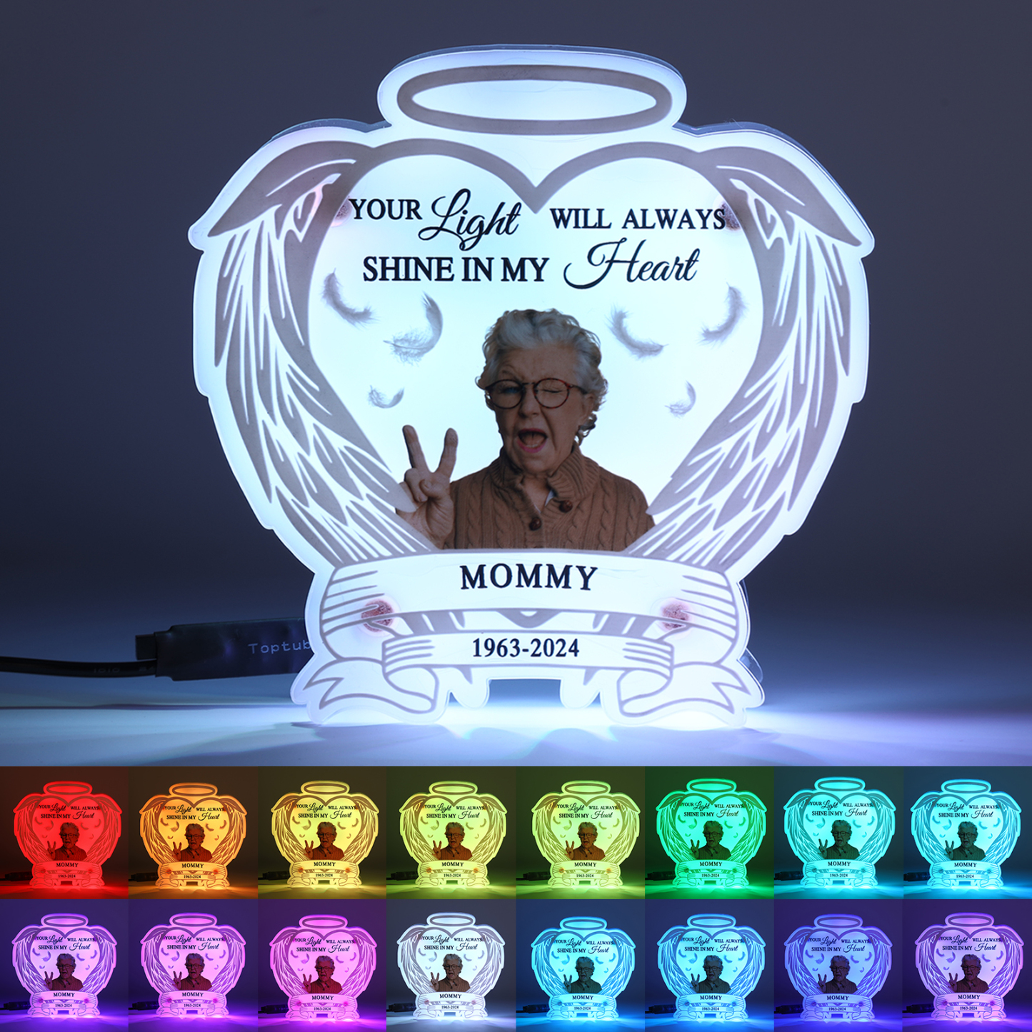 Personalized Memorial Acrylic Night Light with Angel Wings - Custom 1 Photo & Name & Date LED Lamp Christmas Memorial Gift | Jessemade