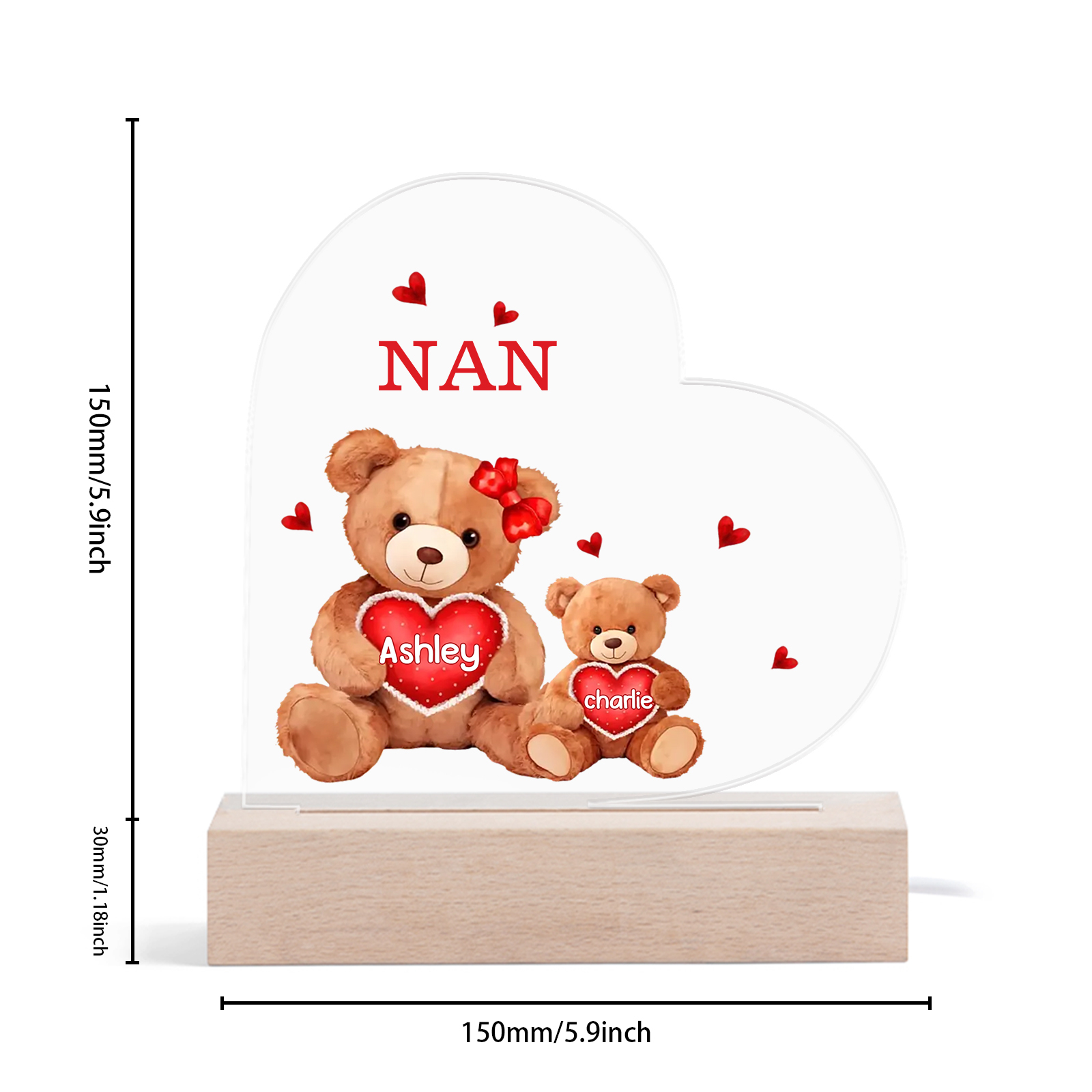 Personalised Heart Acrylic Lamp with Custom 2 Names Teddy Bear Design Night Light Gift for Nan | Jessmade