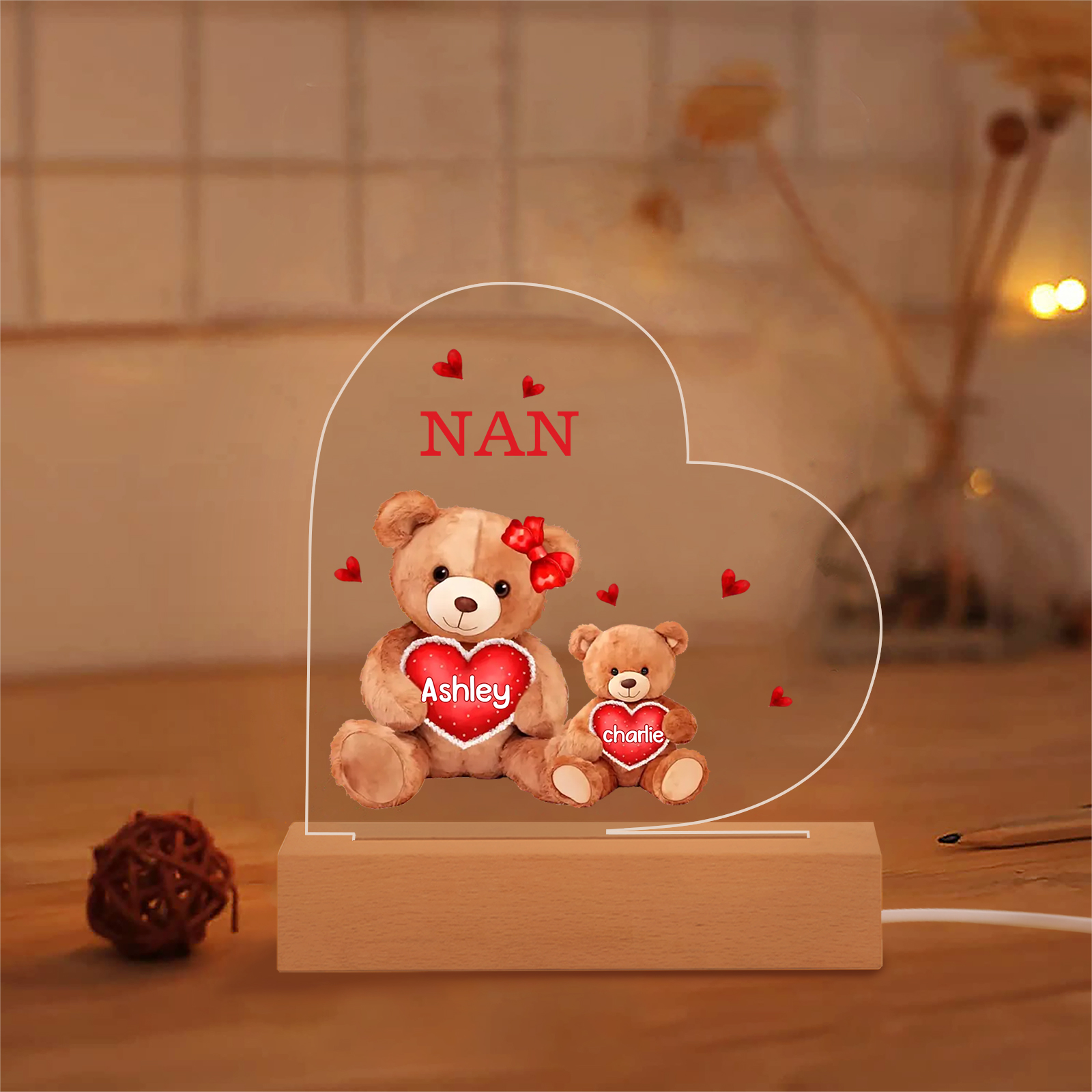 Personalised Heart Acrylic Lamp with Custom 2 Names Teddy Bear Design Night Light Gift for Nan | Jessmade