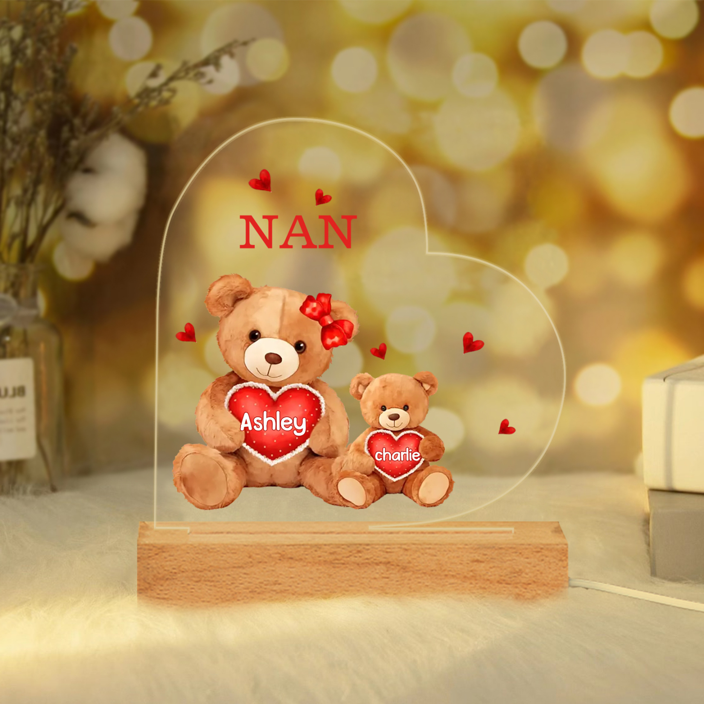 Personalised Heart Acrylic Lamp with Custom 2 Names Teddy Bear Design 