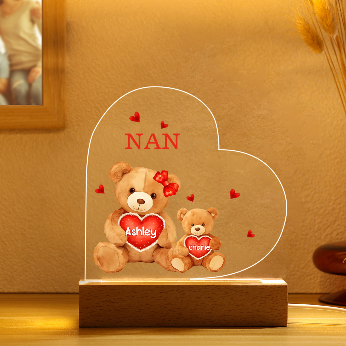 Personalised Heart Acrylic Lamp with Custom 2 Names Teddy Bear Design Night Light Gift for Nan | Jessmade