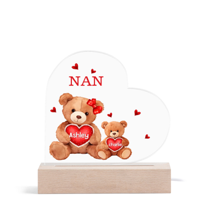 Personalised Heart Acrylic Lamp with Custom 2 Names Teddy Bear Design Night Light Gift for Nan | Jessmade