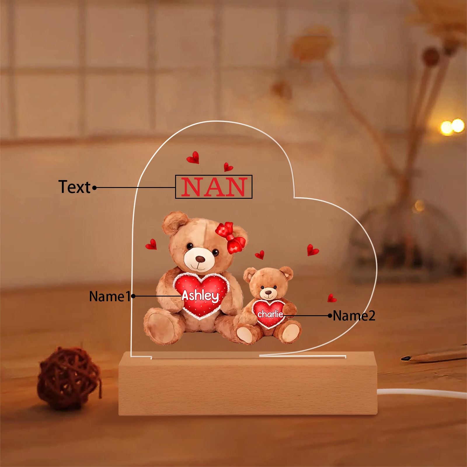 Personalised Heart Acrylic Lamp with Custom 2 Names Teddy Bear Design Night Light Gift for Nan | Jessmade