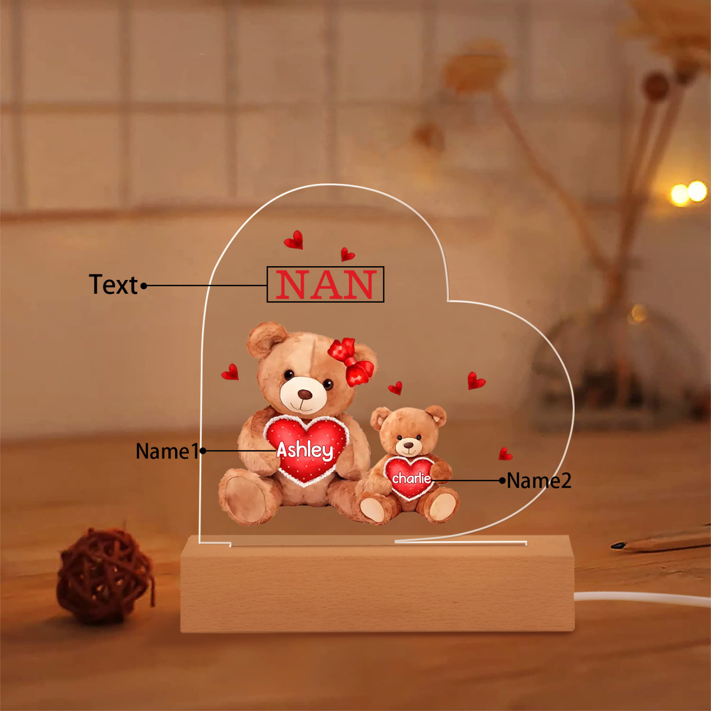 Personalised Heart Acrylic Lamp with Custom 2 Names Teddy Bear Design Night Light Gift for Nan | Jessmade