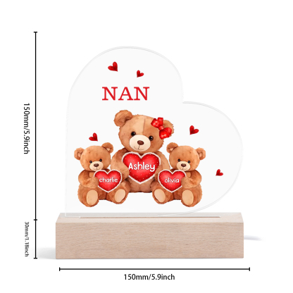 Personalised Heart Acrylic Lamp with Custom 3 Names Teddy Bear Design Night Light Gift for Nan | Jessmade