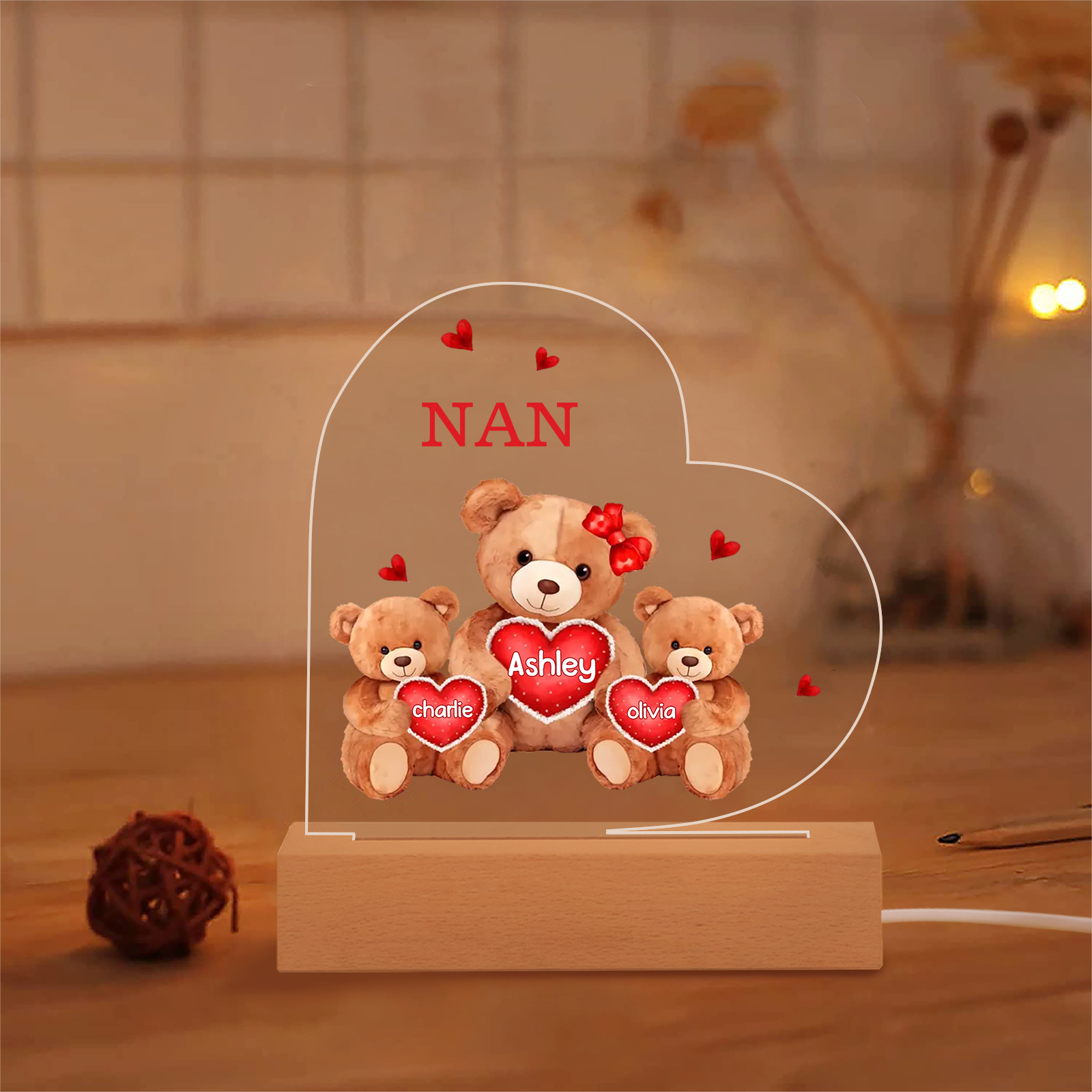 Personalised Heart Acrylic Lamp with Custom 3 Names Teddy Bear Design Night Light Gift for Nan | Jessmade