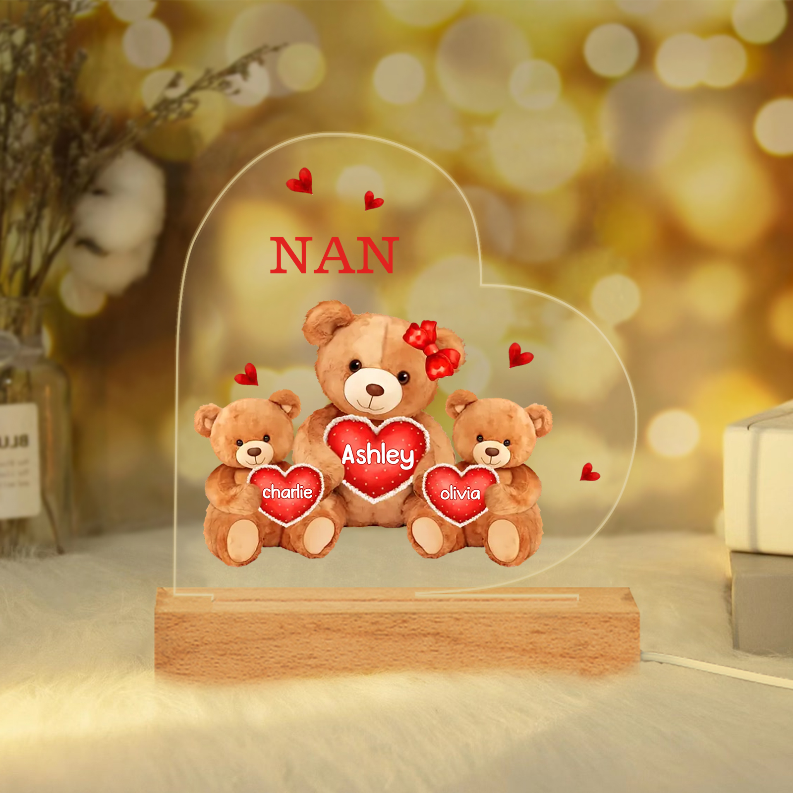 Personalised Heart Acrylic Lamp with Custom 3 Names Teddy Bear Design Night Light Gift for Nan | Jessmade