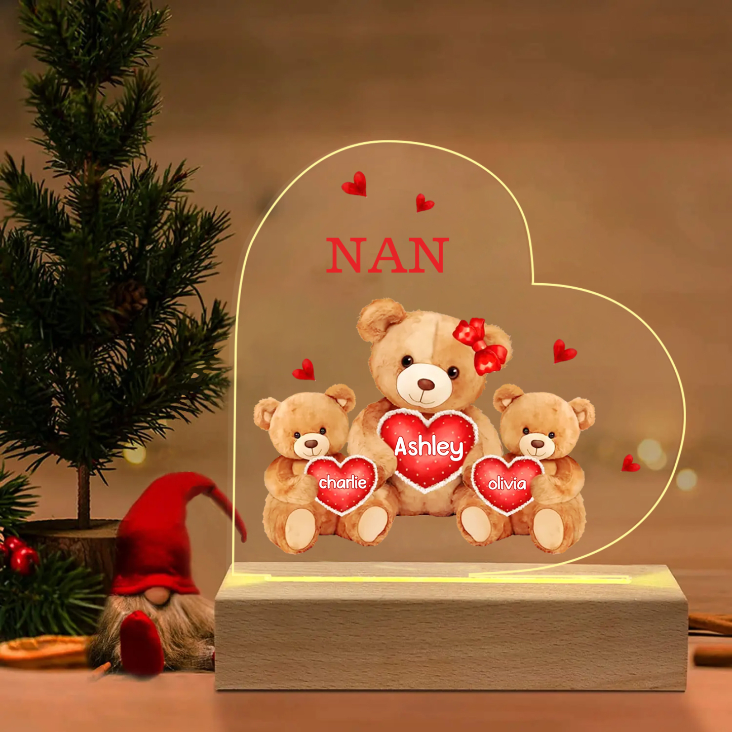 Personalised Heart Acrylic Lamp with Custom 3 Names Teddy Bear Design Night Light Gift for Nan | Jessmade