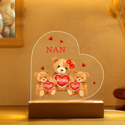 Personalised Heart Acrylic Lamp with Custom 3 Names Teddy Bear Design Night Light Gift for Nan | Jessmade