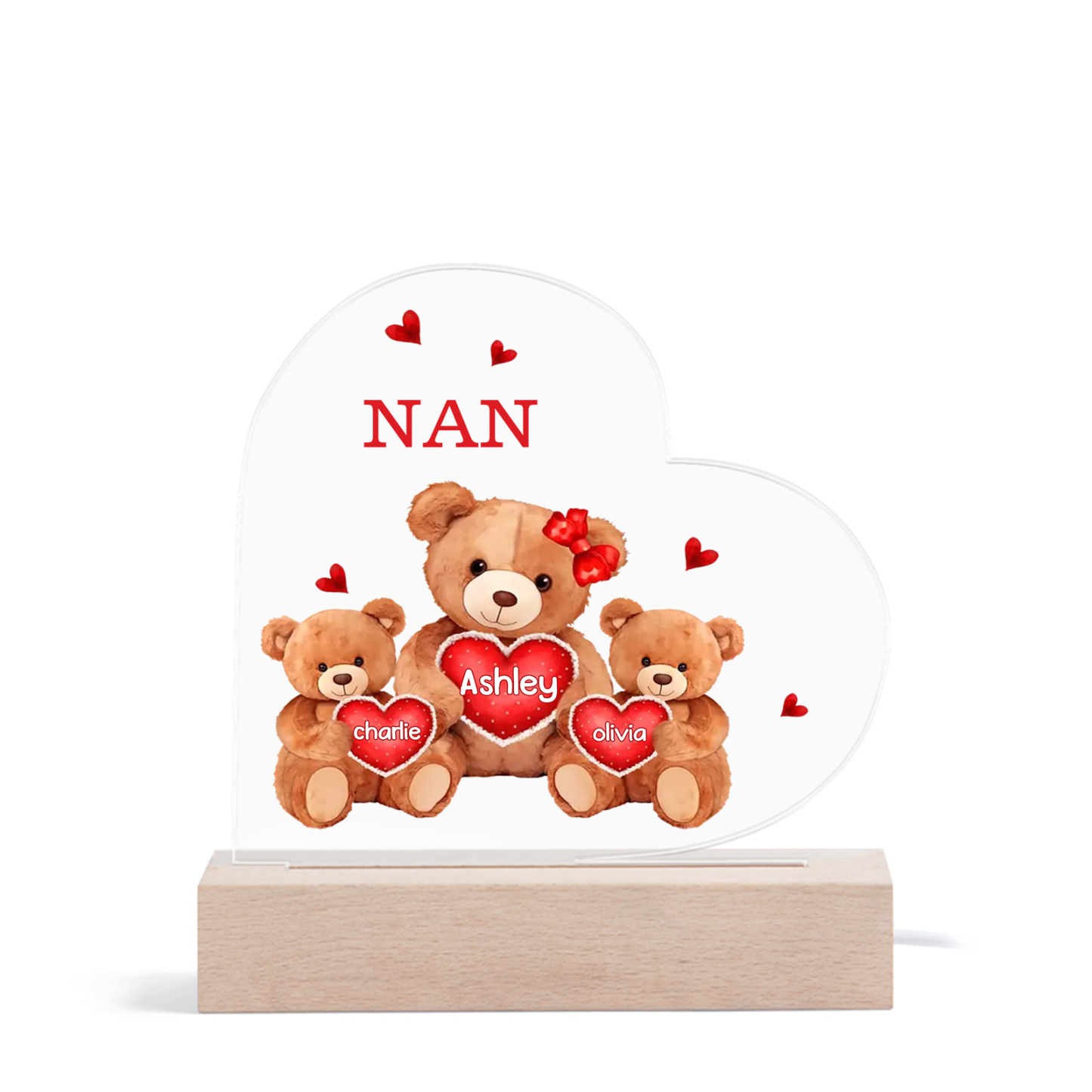 Personalised Heart Acrylic Lamp with Custom 3 Names Teddy Bear Design Night Light Gift for Nan | Jessmade
