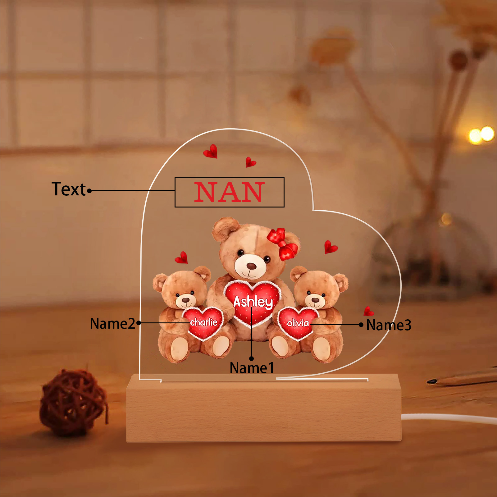 Personalised Heart Acrylic Lamp with Custom 3 Names Teddy Bear Design Night Light Gift for Nan | Jessmade