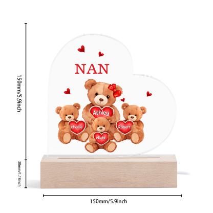 Personalised Heart Acrylic Lamp with Custom 4 Names Teddy Bear Design Night Light Gift for Nan | Jessmade