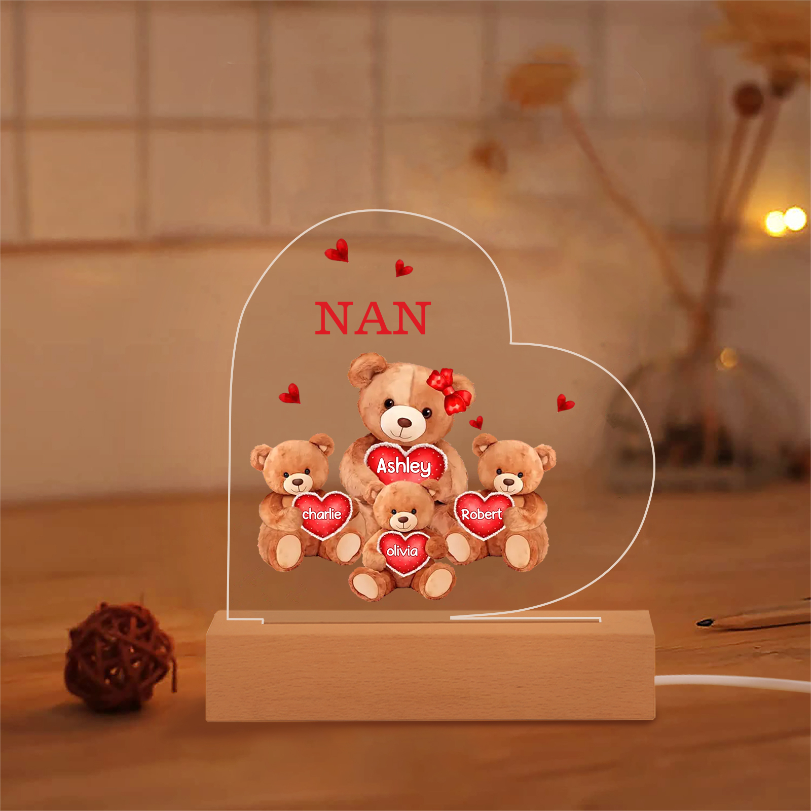 Personalised Heart Acrylic Lamp with Custom 4 Names Teddy Bear Design Night Light Gift for Nan | Jessmade