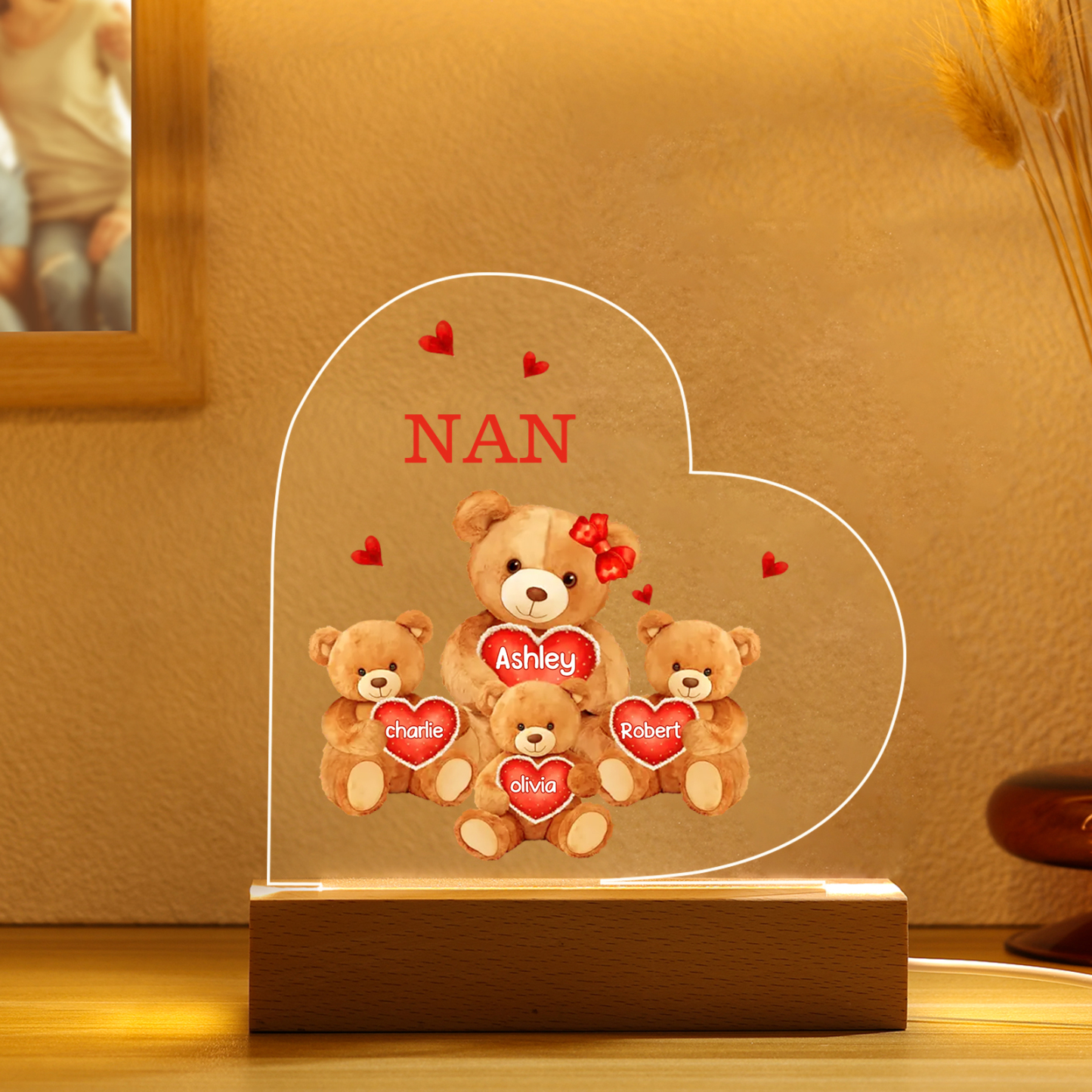 Personalised Heart Acrylic Lamp with Custom 4 Names Teddy Bear Design Night Light Gift for Nan | Jessmade