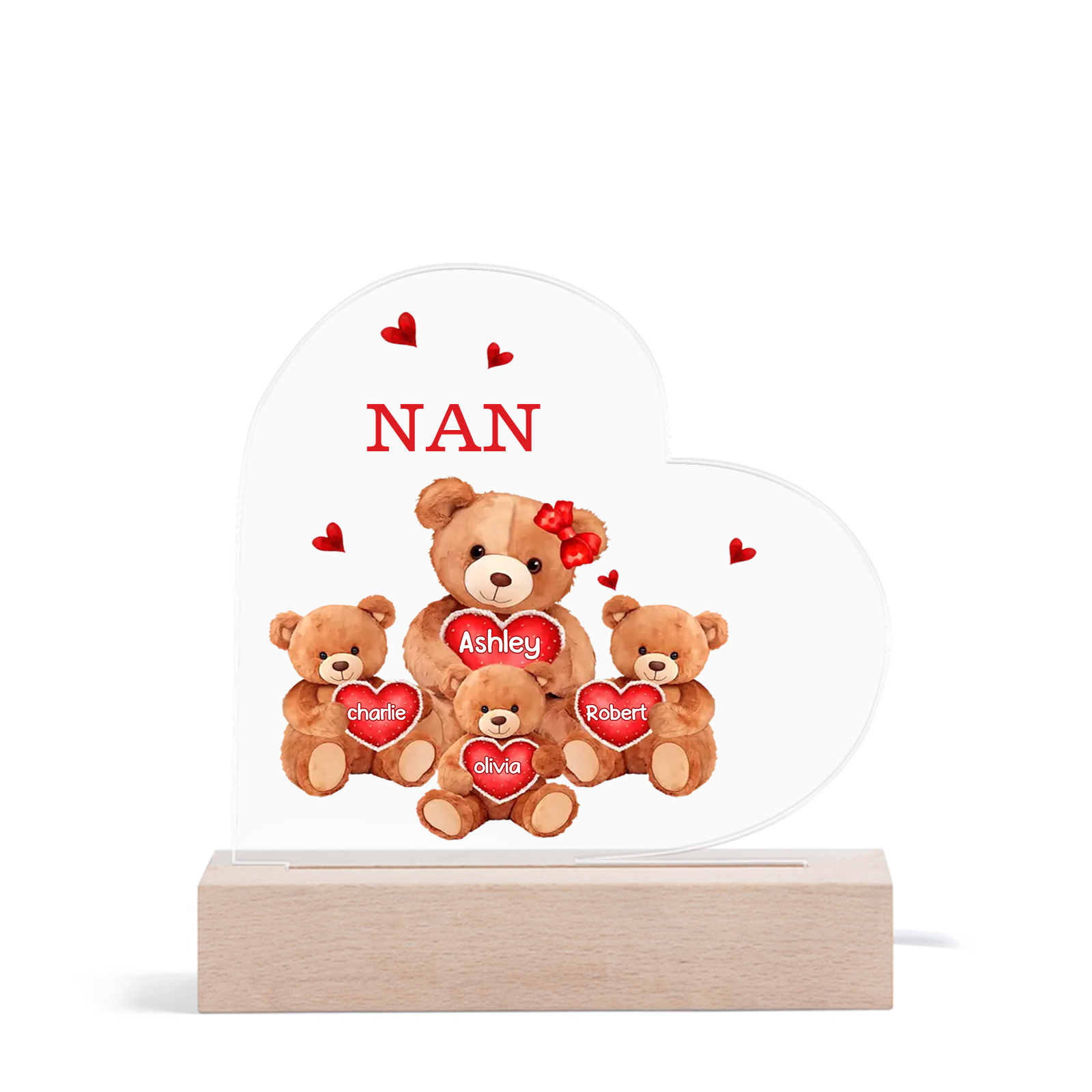 Personalised Heart Acrylic Lamp with Custom 4 Names Teddy Bear Design Night Light Gift for Nan | Jessmade