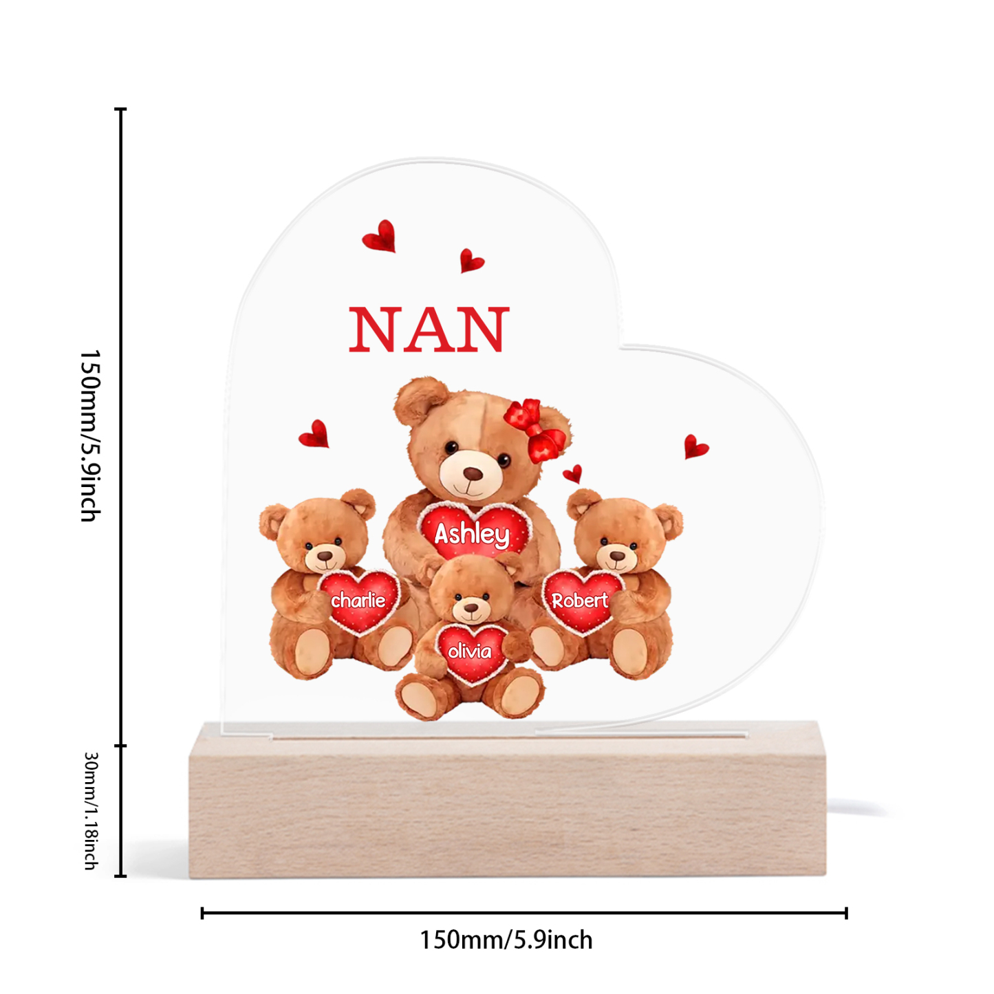 Personalised Heart Acrylic Lamp with Custom 5 Names Teddy Bear Design Night Light Gift for Nan | Jessmade