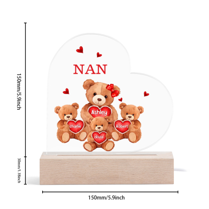 Personalised Heart Acrylic Lamp with Custom 5 Names Teddy Bear Design Night Light Gift for Nan | Jessmade