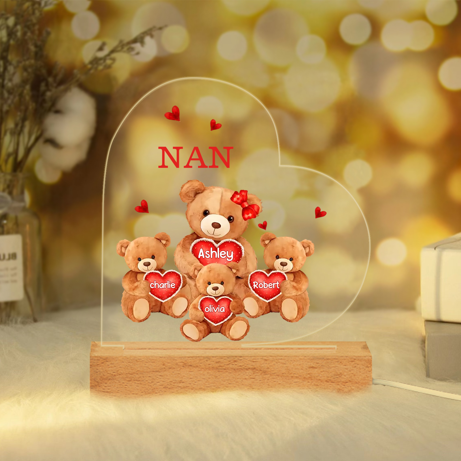 Personalised Heart Acrylic Lamp with Custom 5 Names Teddy Bear Design